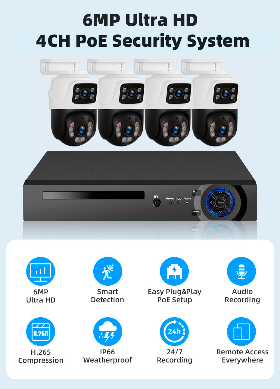 8CH H2.65 NVR 6MP POE Security Camera System Outdoor Home Security Cameras Set
