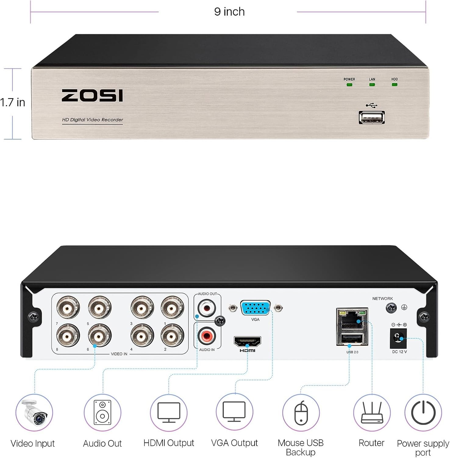 ZOSI H.265+ 8CH 1080P Home Wired Surveillance DVR with 500GB HDD For CCTV System