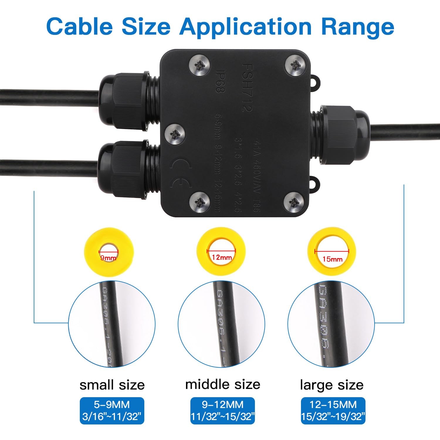 Helunsi Waterproof Junction Box 3 Way, IP68 External Small, Black-1 Pack