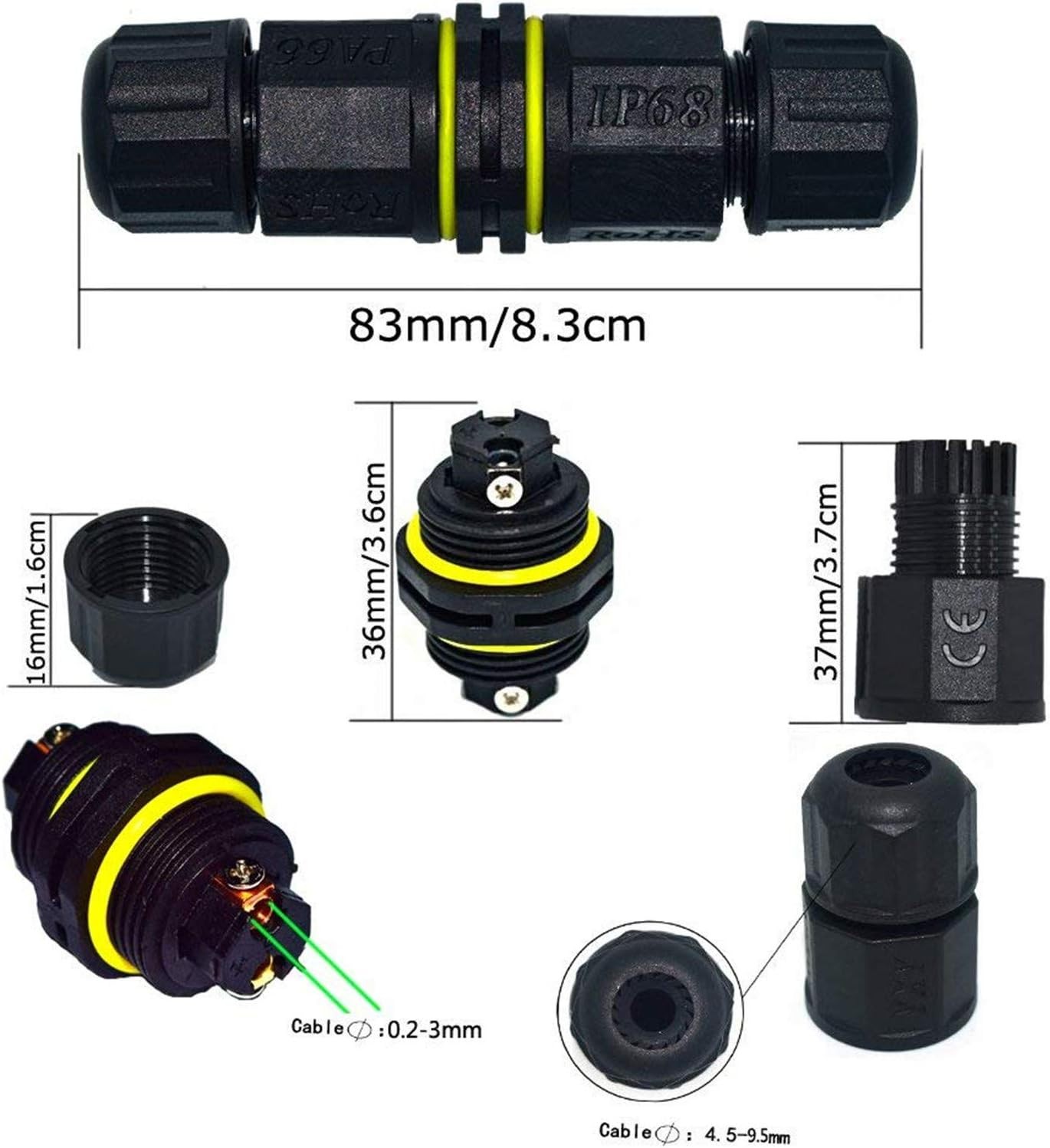 Junction Box Outdoor Waterproof IP68 Electrical Cable Connector 2 Way black