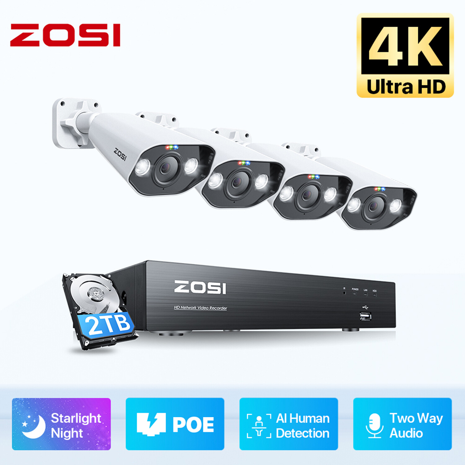 ZOSI 8CH 4K NVR 8MP PoE Security Camera System 2TB 24/7 Audio Record AI Motion