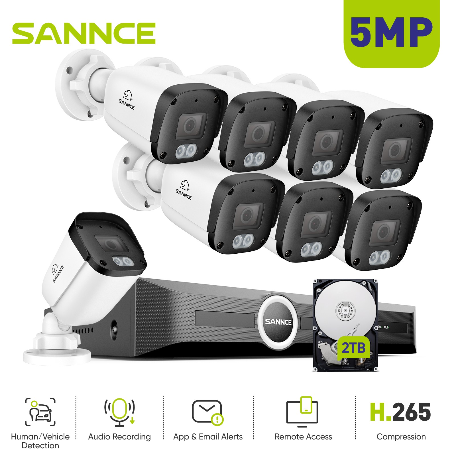 SANNCE 5MP POE Audio Security Camera System 8CH NVR AI Human Detection IR 2TB