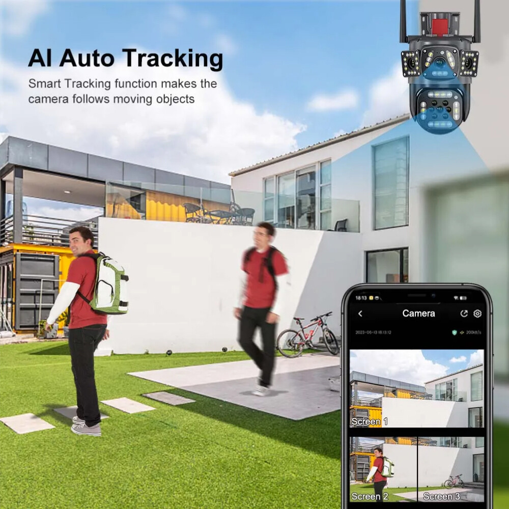 4K 9MP IP WiFi 360° 10X Zoom 3 Lens 3 Screens Security Camera System Outdoor PTZ