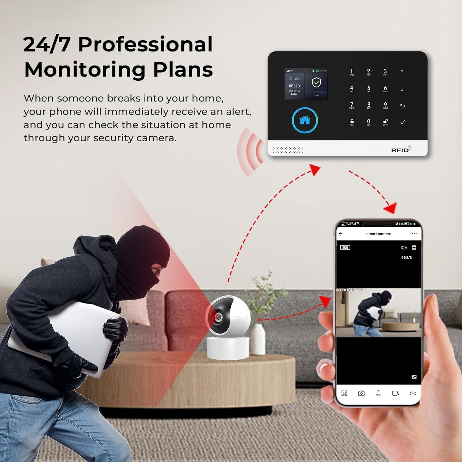 Wireless Home Security System with App Alerts, No Subscription, Camera Included