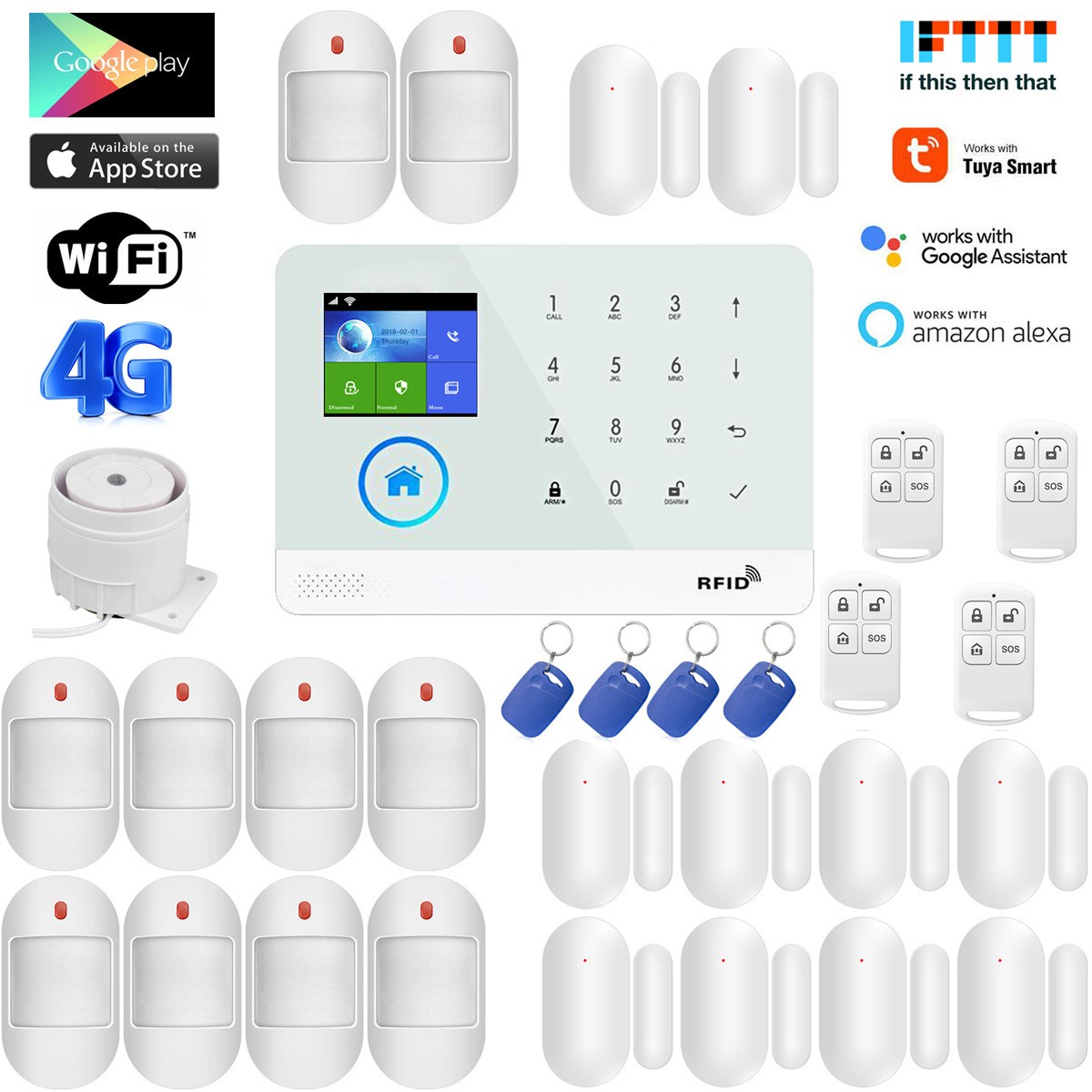 V05 Tuya APP WiFi 4G/3G Wireless Home Security Alarm Burglar System+RFID Access