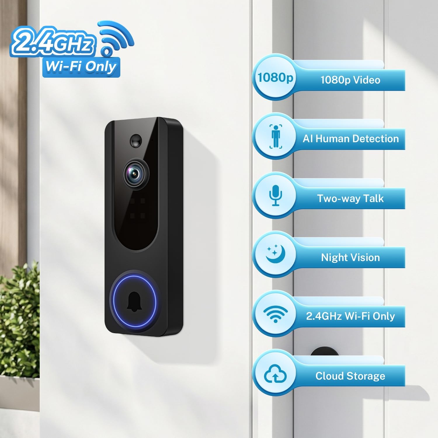 Cookedixo 1080P Wireless Video Doorbell Camera, Battery Powered Door Black