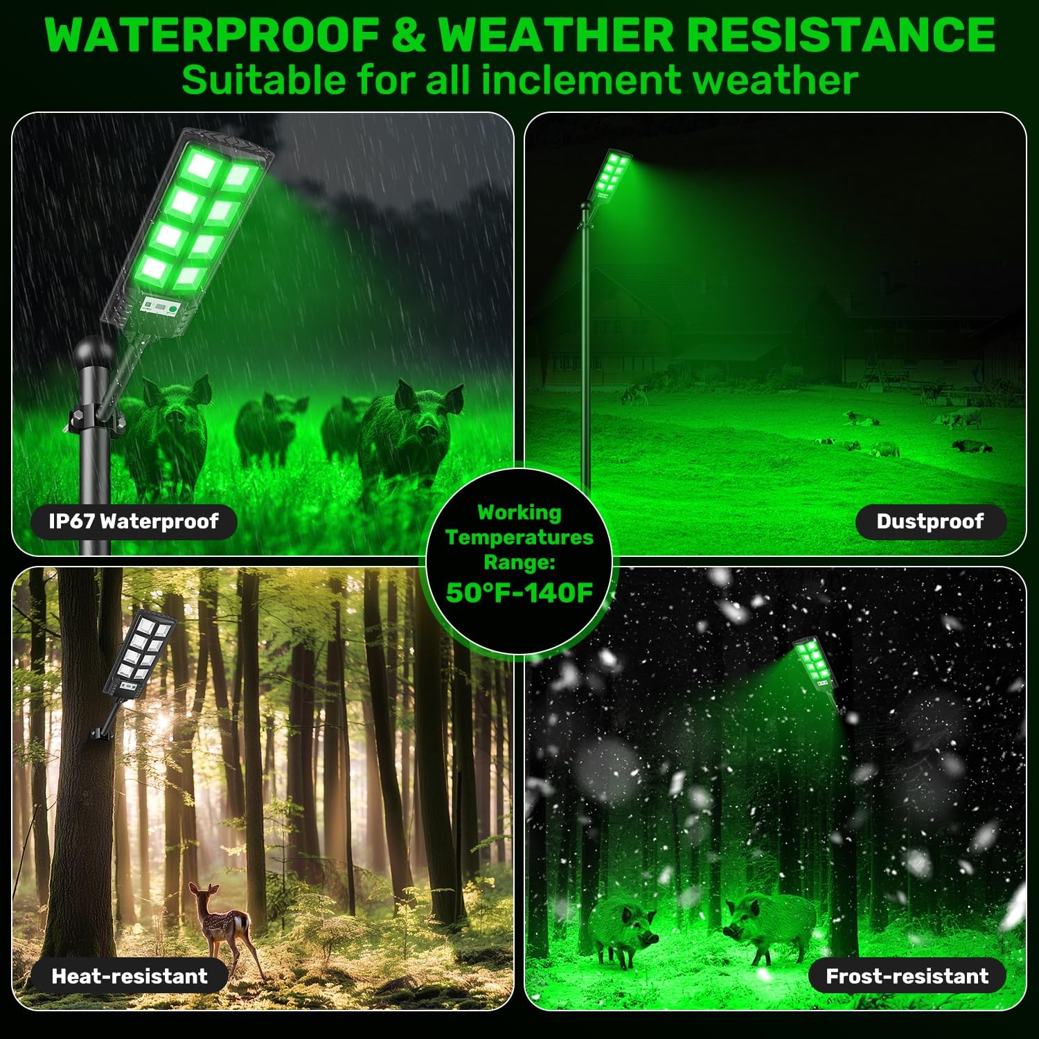GLOPHOK Solar Hog Lights for Night Hunting, 12000LM Green Hunting Black