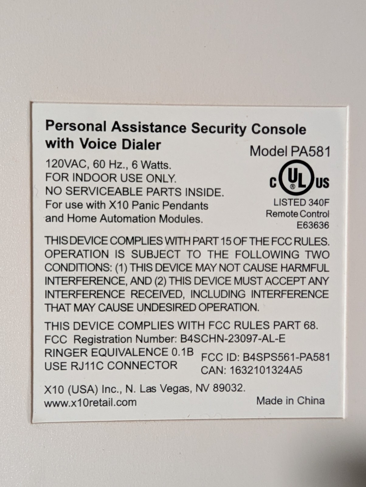 X-10 Powerhouse Personal Assistance Security System PA581 with 2 call pendants