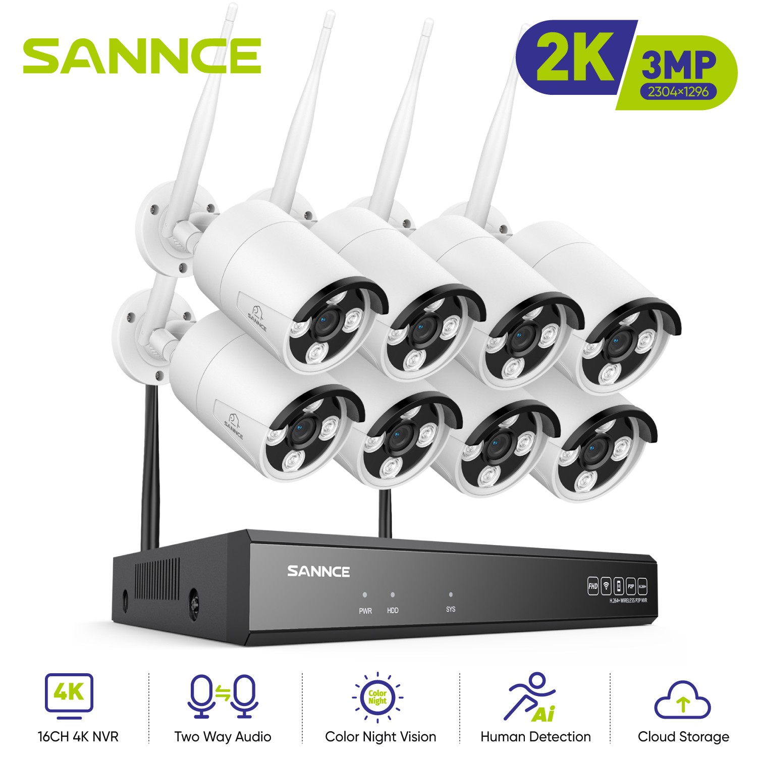 SANNCE 16CH NVR Wireless 3MP WiFi 2 Way Audio Security Camera System Full Color