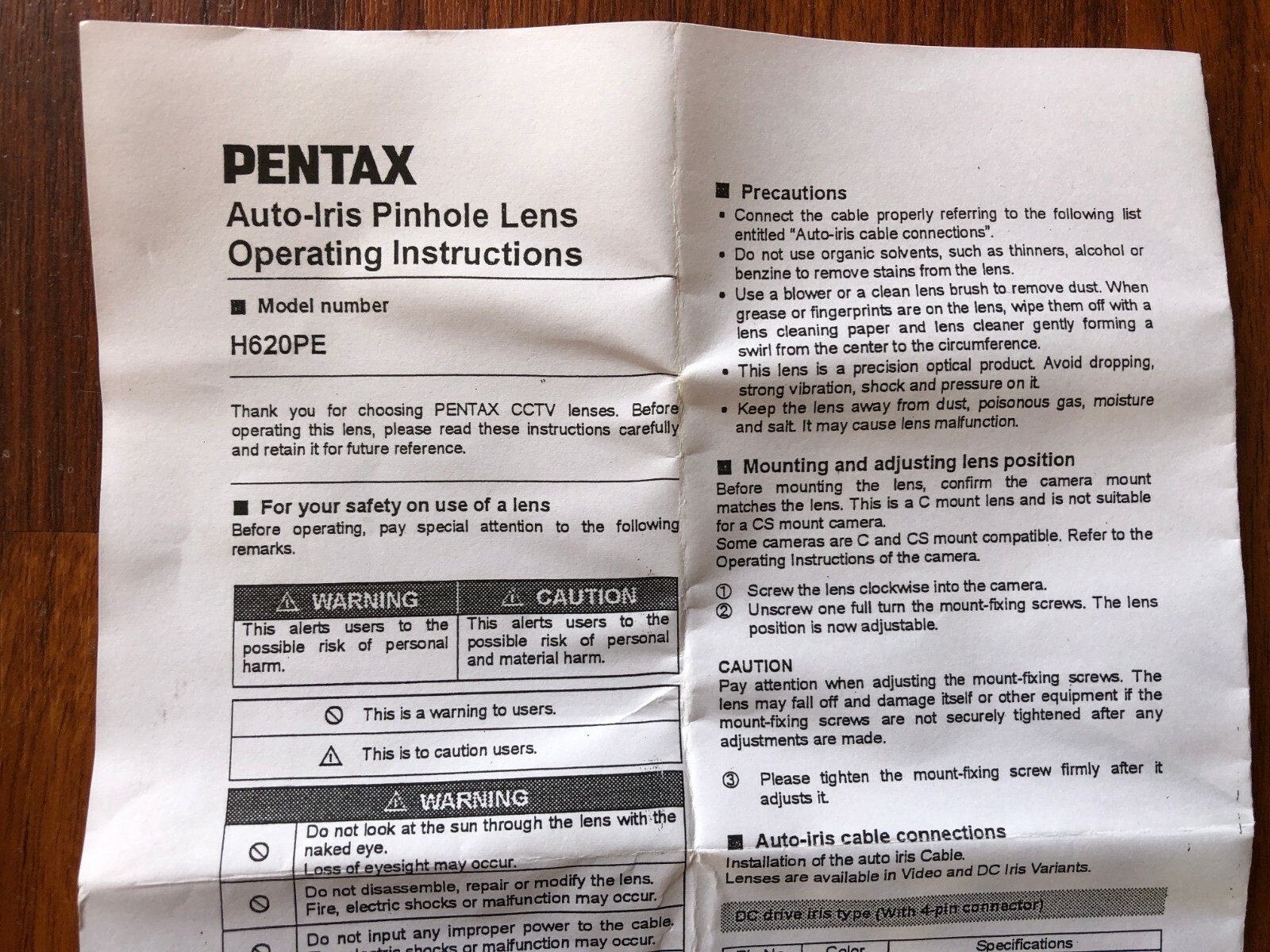 Pentax H620PE P/N # C60626WX 6.2mm, F2.0-300, 1/2″, Auto-Iris Pinhole Lens