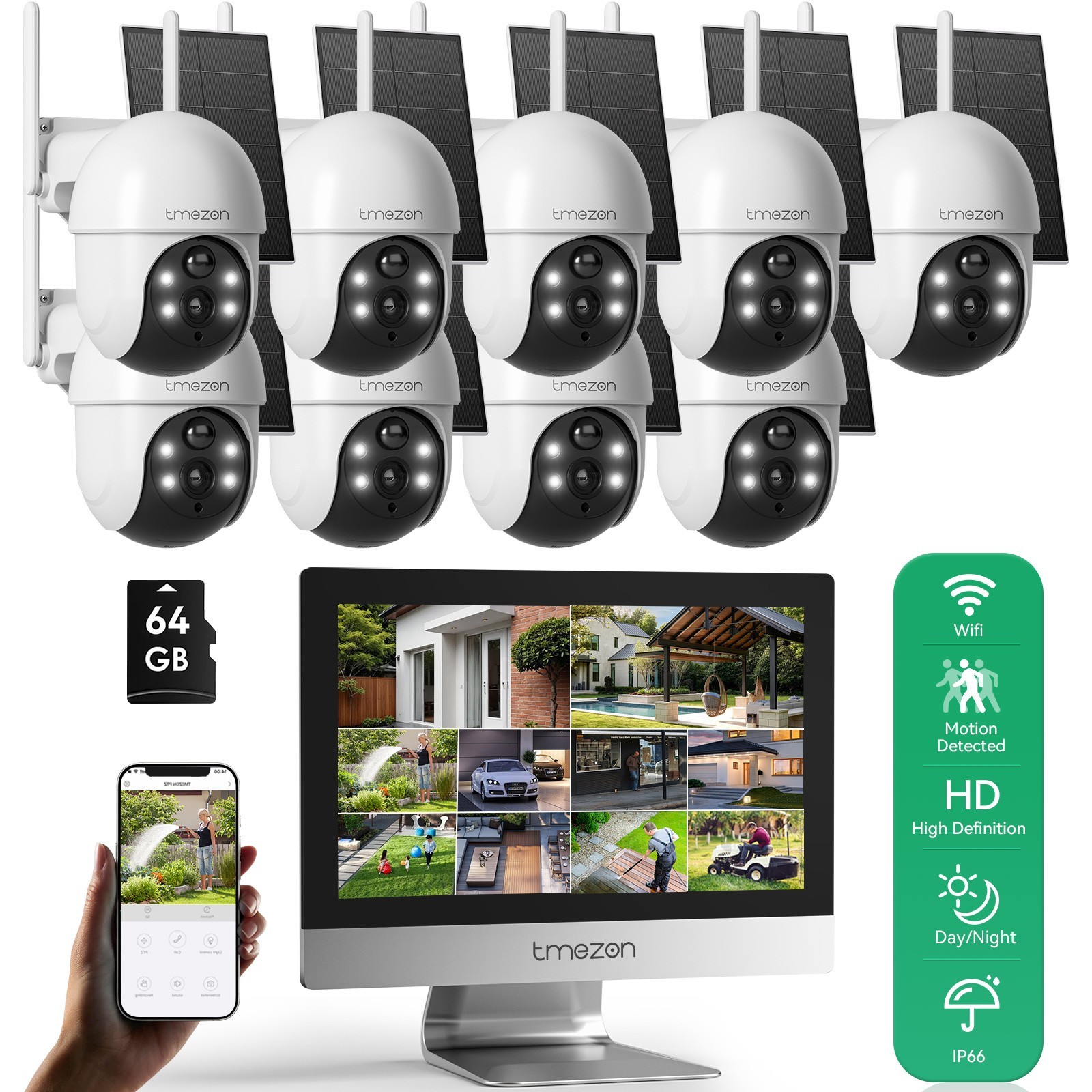TMEZON 4MP Solar Battery PTZ Wireless Wifi Security Camera System 12” Monitor