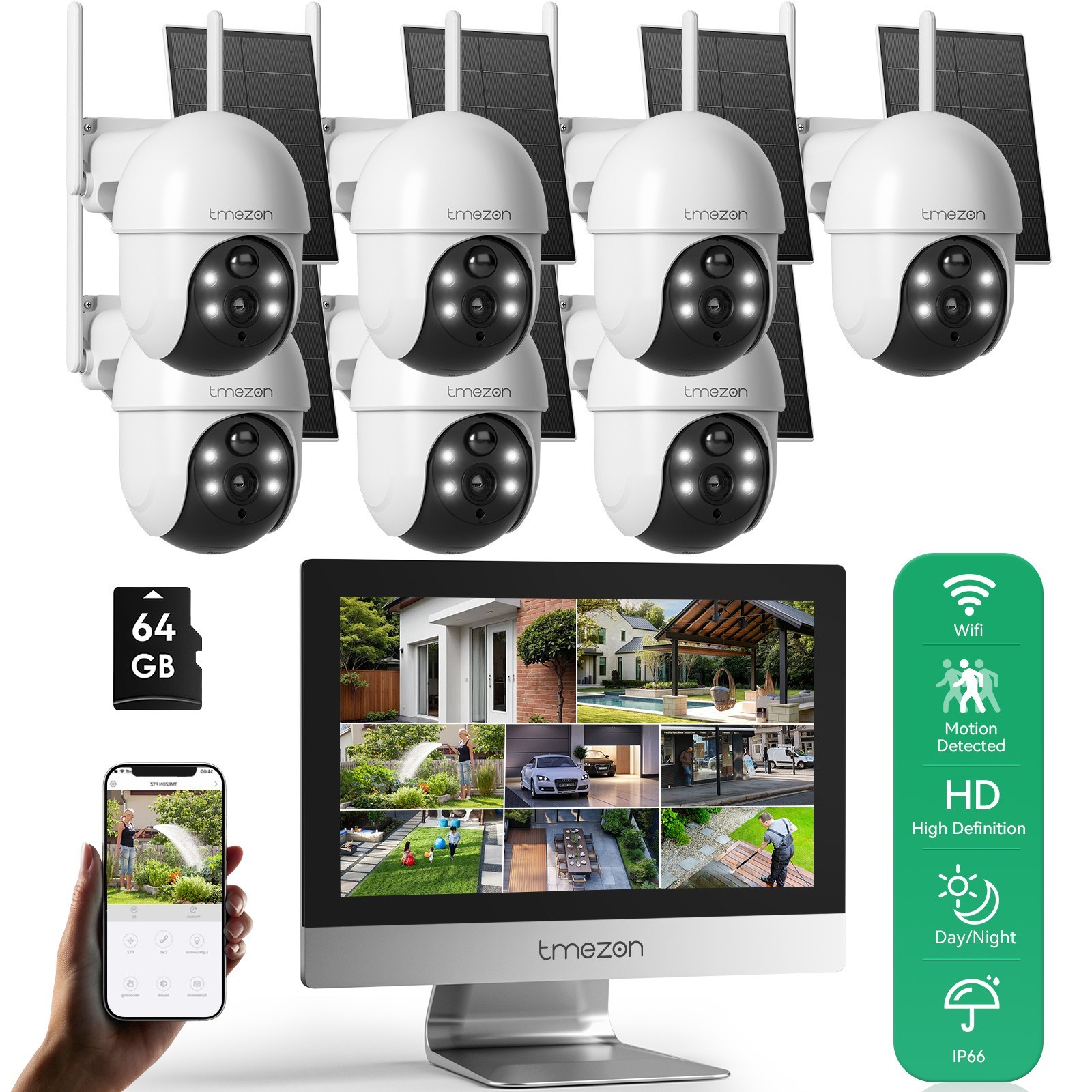 TMEZON 4MP Solar Battery PTZ Wireless Wifi Security Camera System 12” Monitor