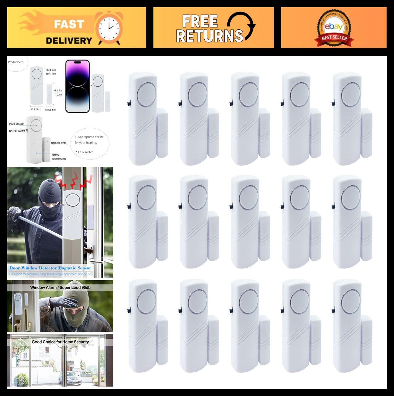 90DB Door Window Alarm – 15 Pack Security Alarms for Kids Safety & Home Protecti