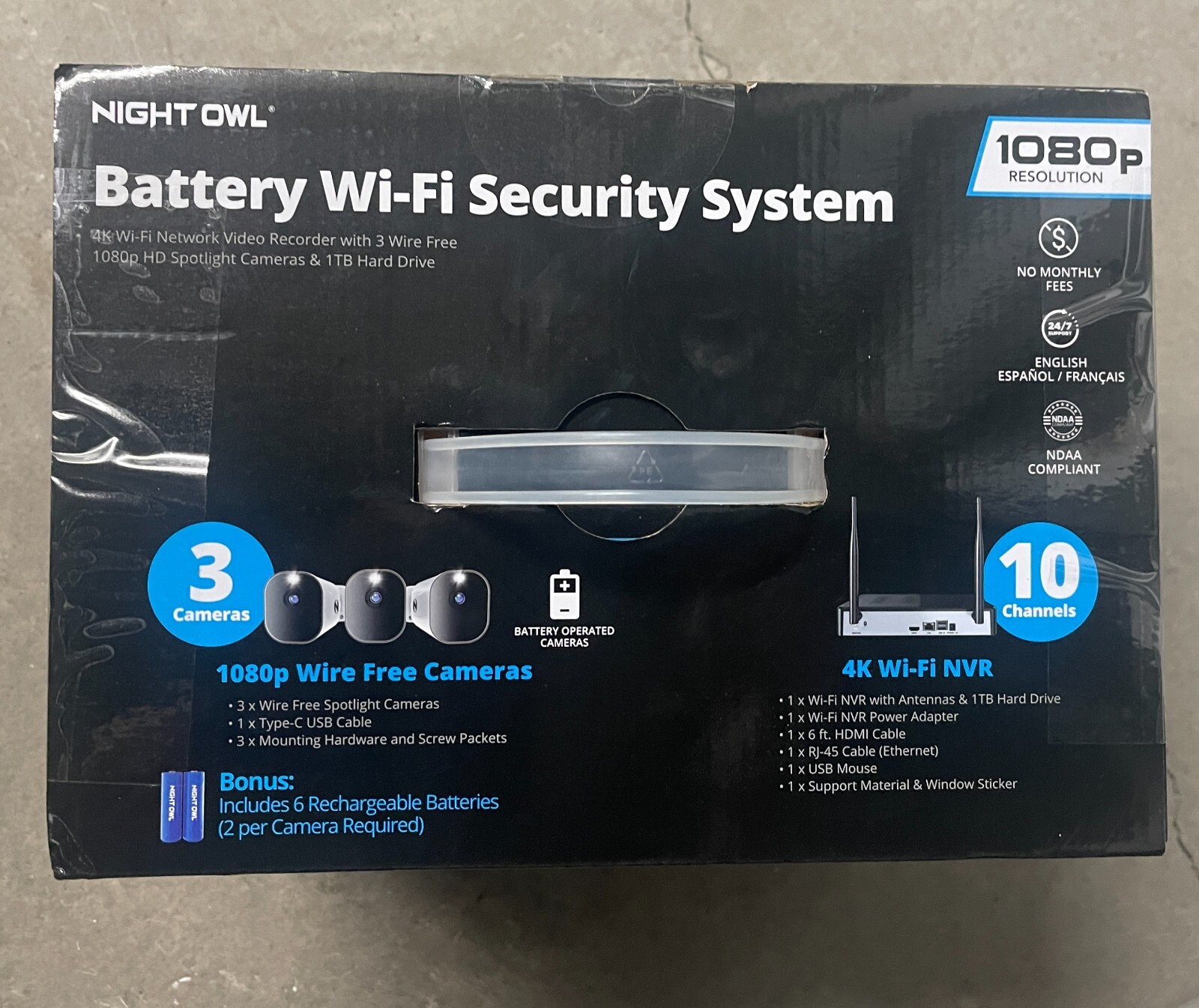 ✅Night Owl 4K Wi-Fi NVR W/1TB Hard Drive & 3 Battery 1080p HD Spotlight Camera?