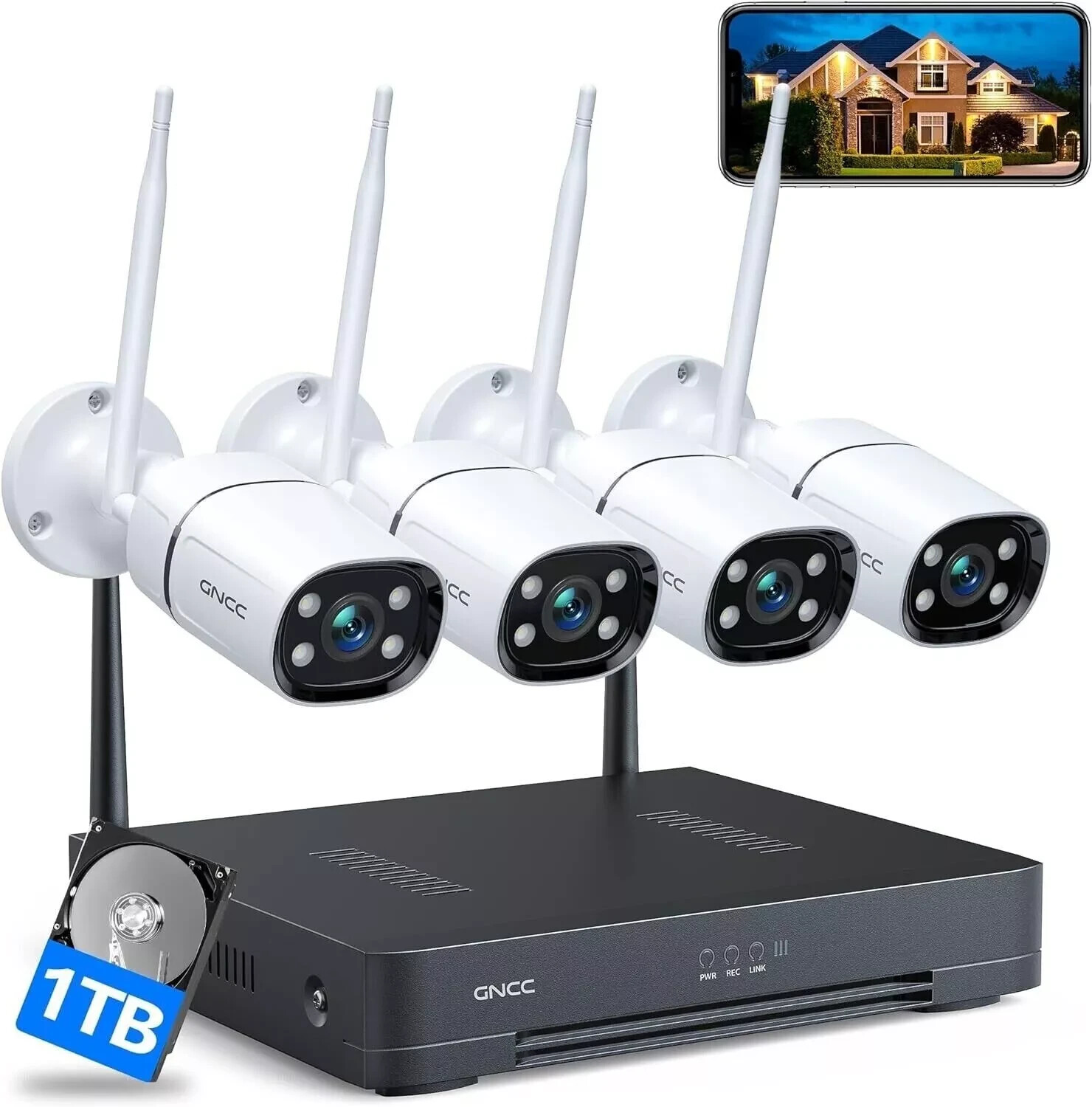 GNCC Security Camera System with 1TB HDD 8CH WiFi NVR–4pcs 2K Home Security Cam