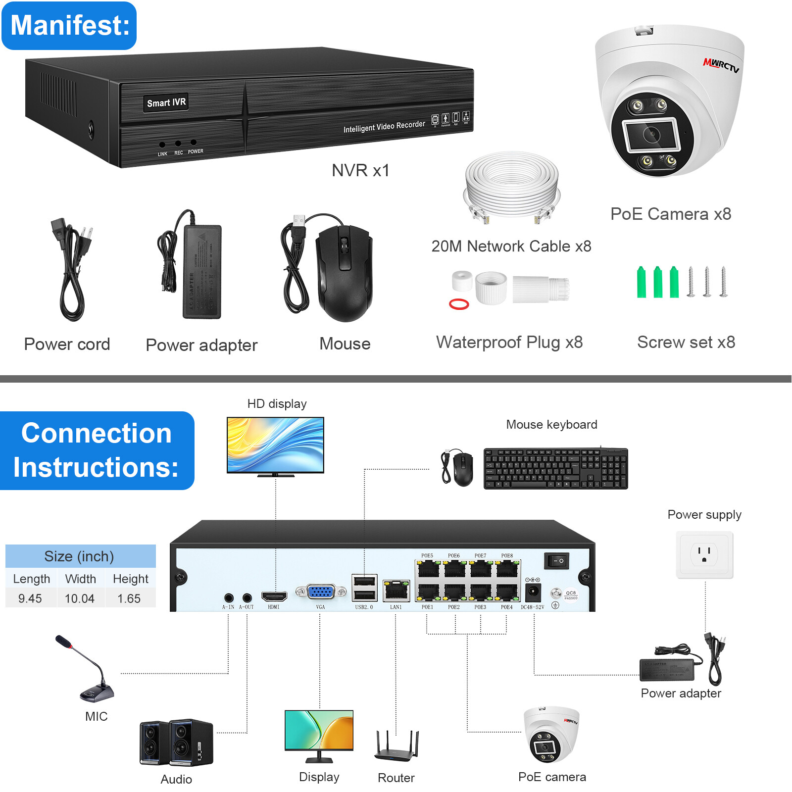 Eyes.sys 4K POE NVR 8pcs 4MP Two-Way Audio ColorVu DOME Security Camera System