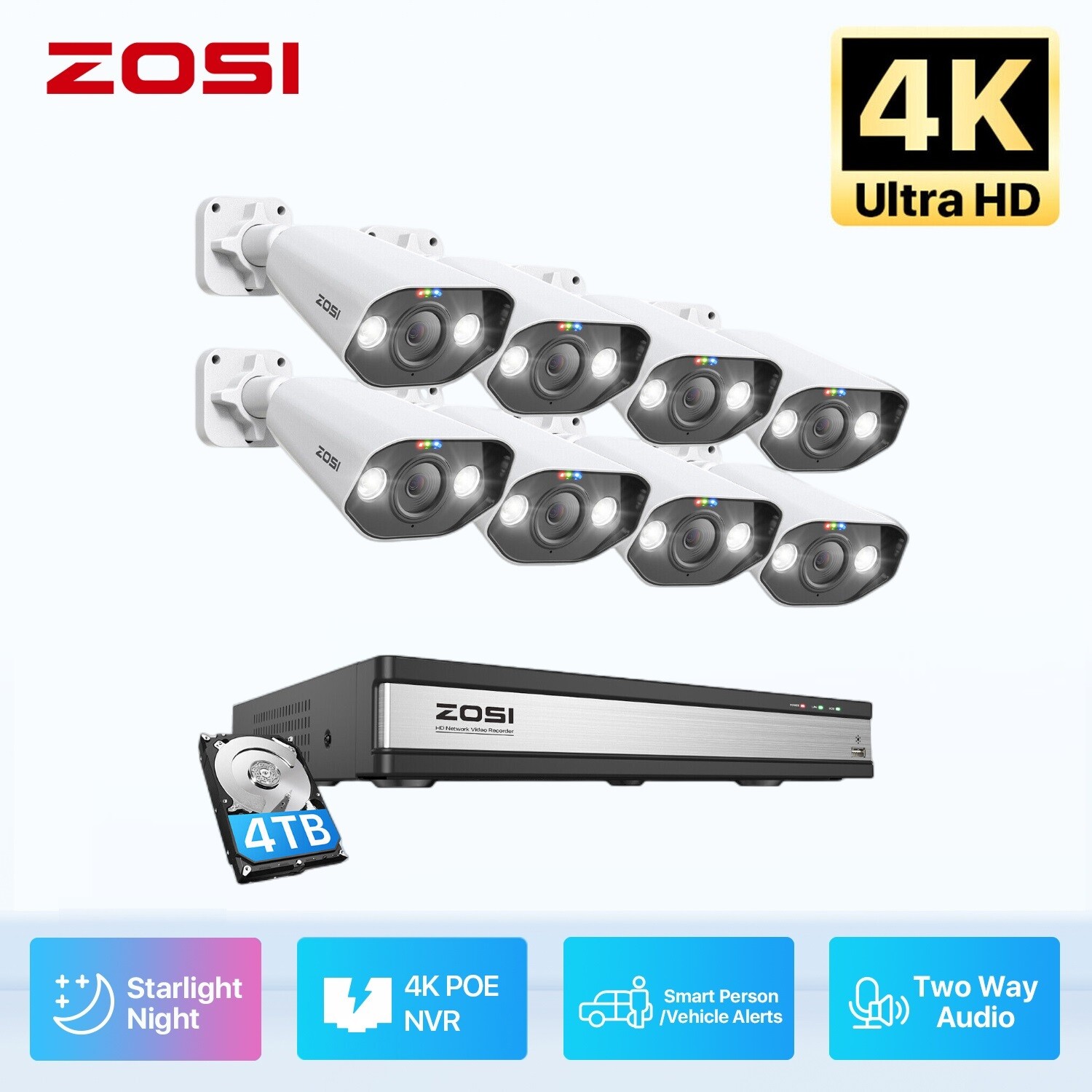 ZOSI 8CH/16CH 4K 8MP POE Home Security Camera System Audio Vehicle Detect 2/4T