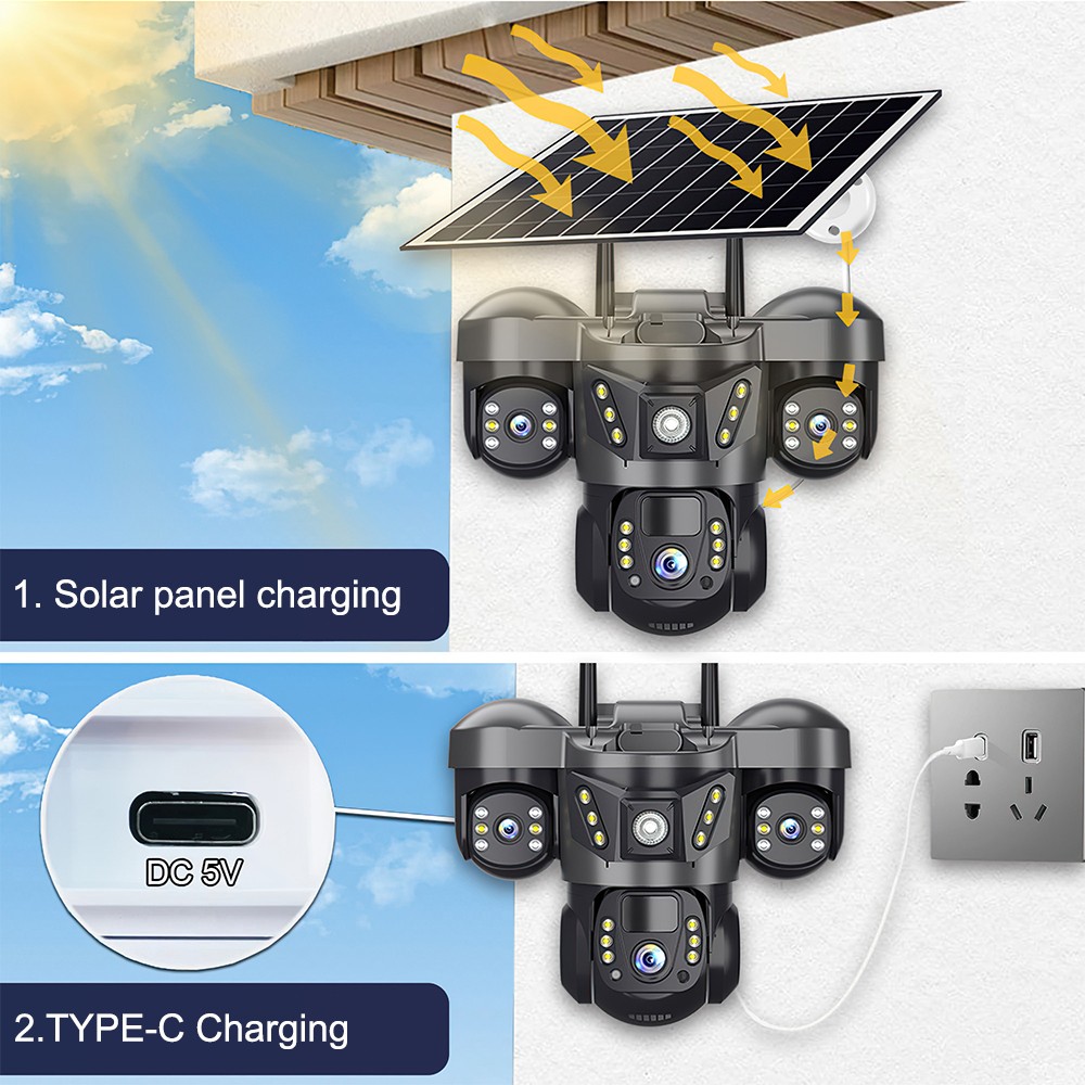 3 Lens Camara De Seguridad Solar Inalambricas Para Exterior Con Vision Nocturna