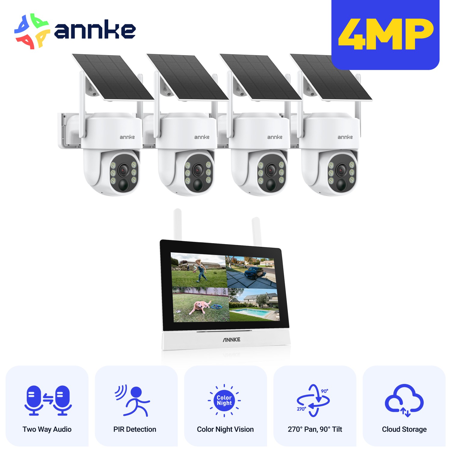 ANNKE Wireless 7″ Monitor 4MP PT Security Camera System Solar Power Two Way Talk