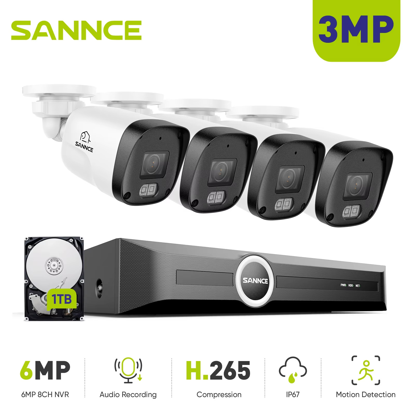 8CH NVR 3MP Security Camera System 4Pcs Poe IP Cameras 24/7 Recording 1/2/4TB HD