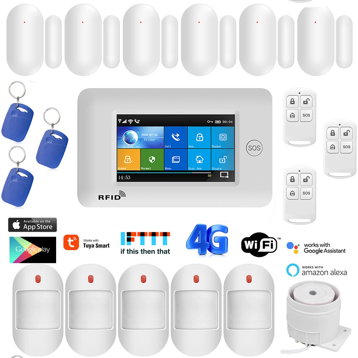V37 Tuya APP Alexa IP WiFi+4G Wireless Touch Keypad Home Security Alarm System