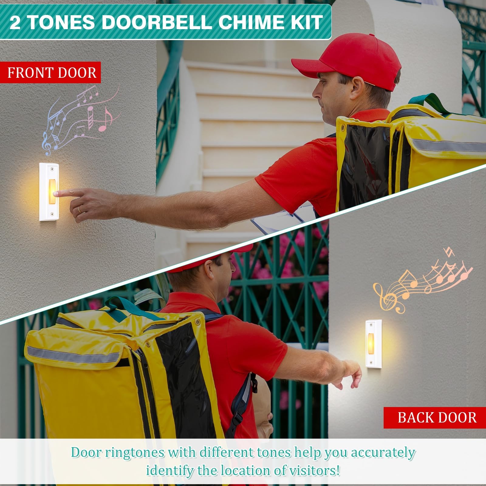 Saillong Wired Doorbell Chime with 2 Lighted Push Buttons, 16V White, Yellow