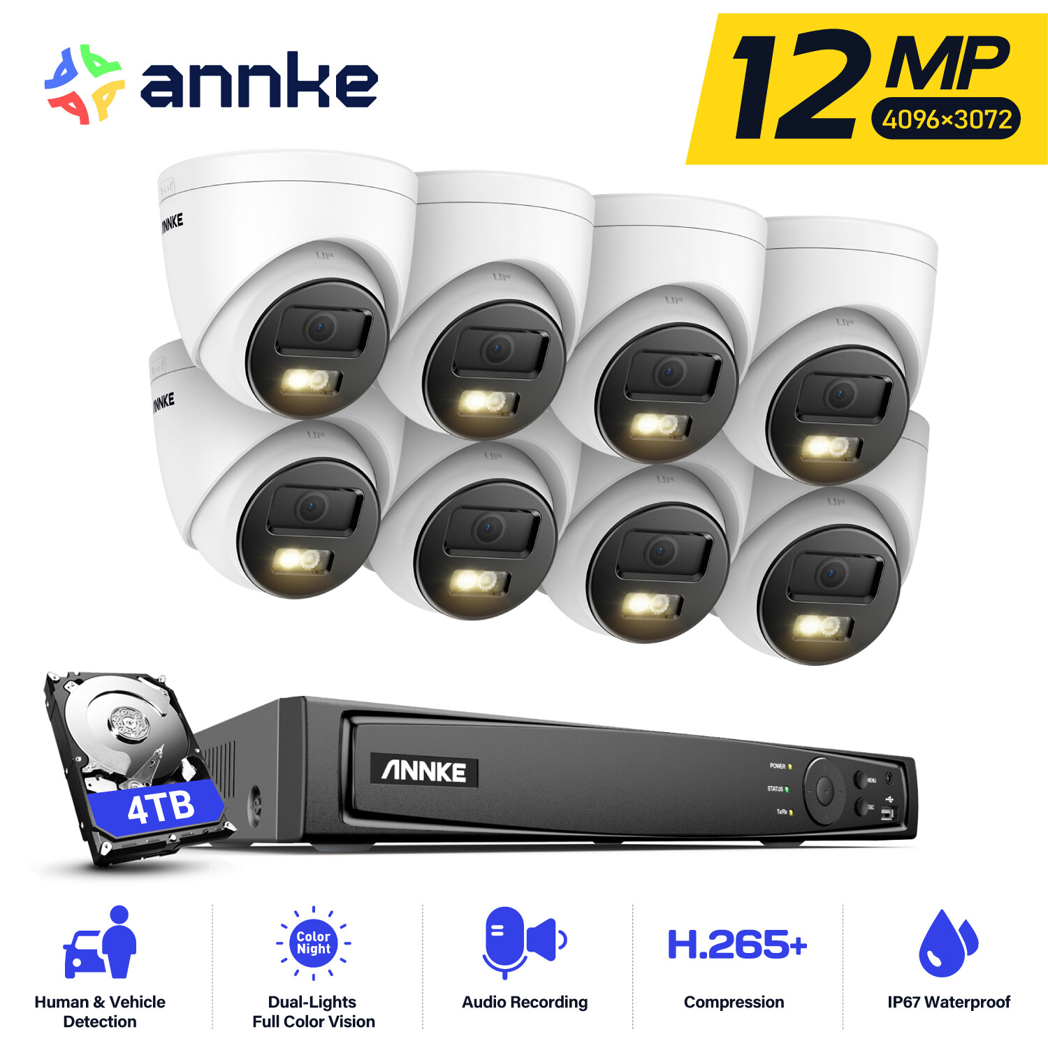 ANNKE 12MP 8CH NVR POE IP Security Camera System Audio Outdoor Color Night IP67
