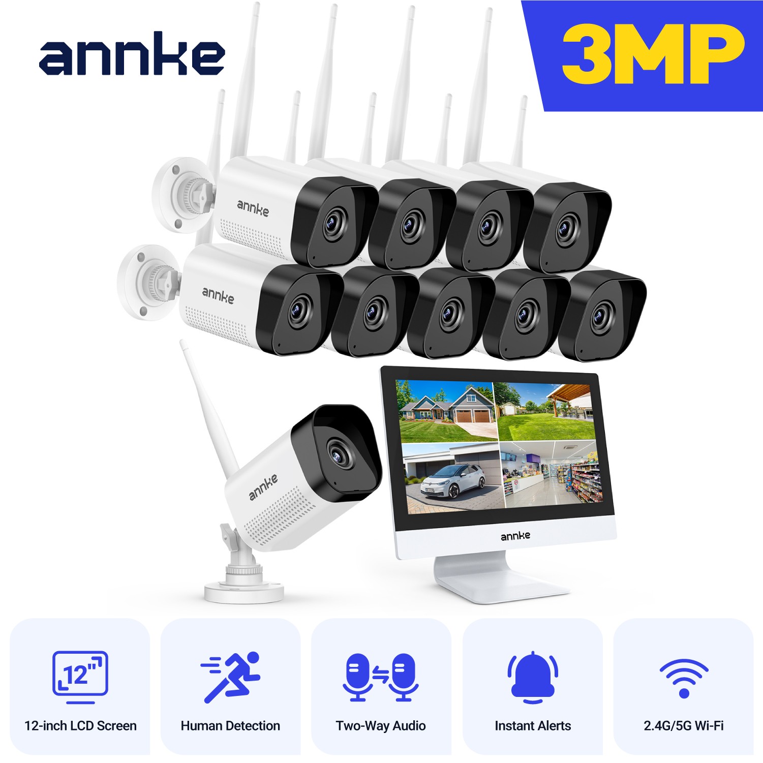 ANNKE Wireless 4K NVR 12” Monitor 3MP AI Security IP Camera System Two Way Audio