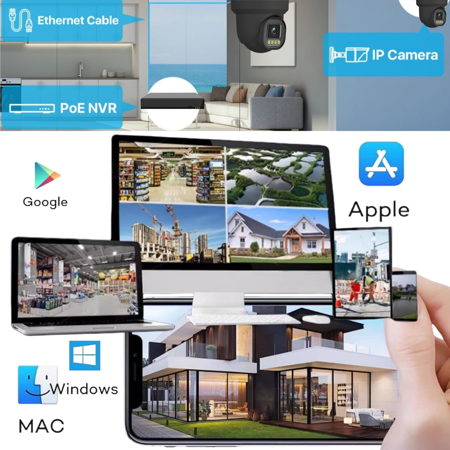 Poe Security Camera System Surveillance NVR Kits, 4Pcs Cameras with Person/Pet/V