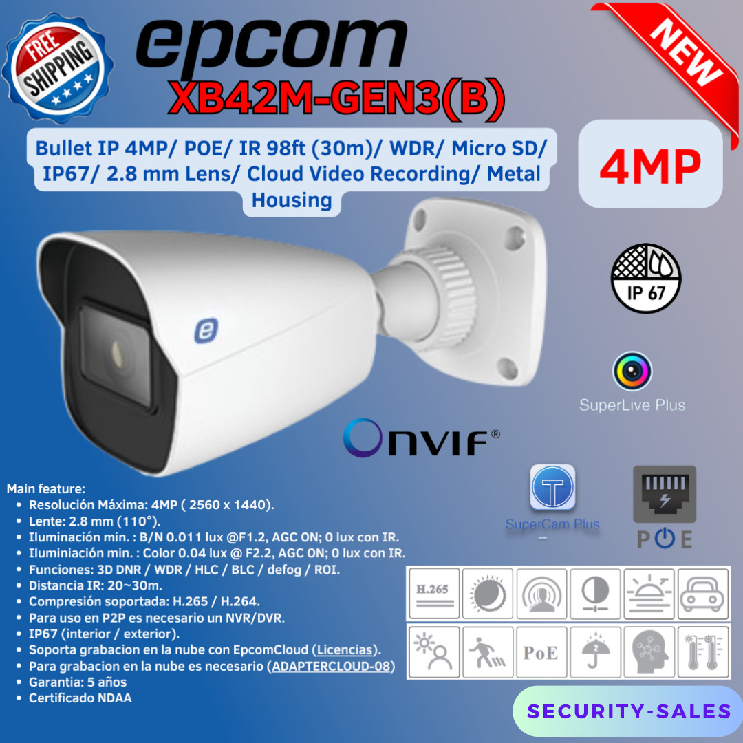 EPCOM XB42M-GEN3(B) Camera Bullet IP 4MP (2K) 2.8mm Lens IR 98ft IP67 Micro SD P