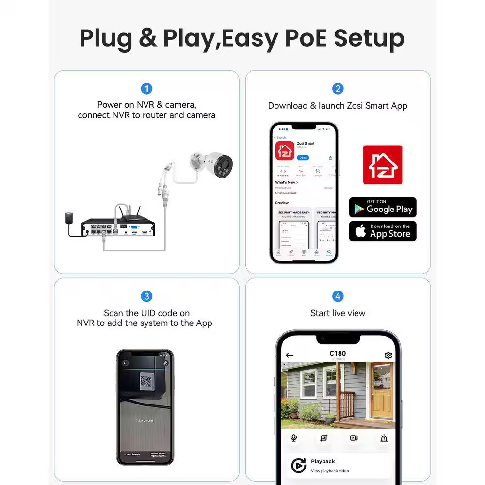 4K 8MP 8-Channel Poe NVR Smart Home Security Camera System with 4-Wired Outdoor