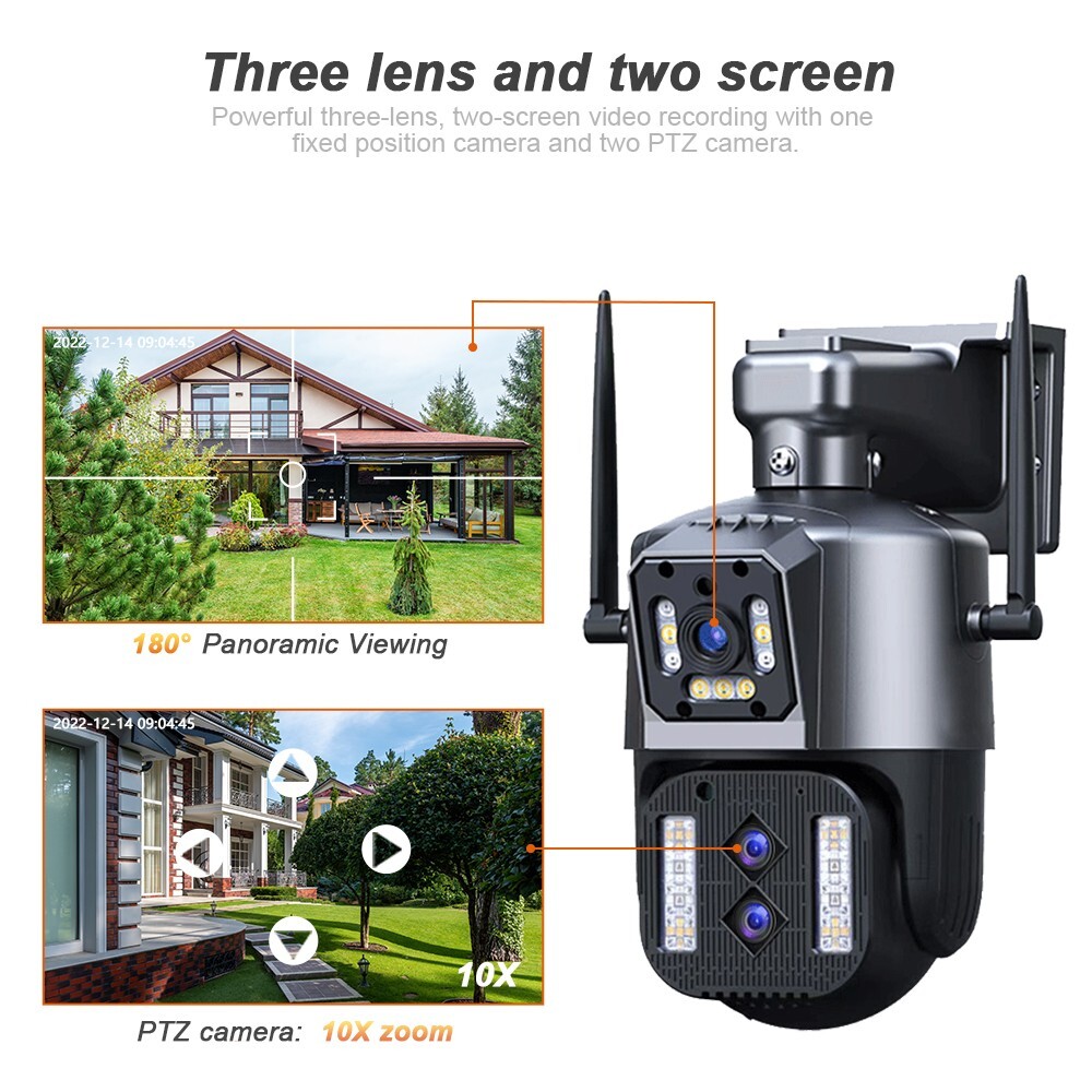 WIFI 12MP Wireless Camera 3-Lens PTZ 10x IR Night Vision Security 2-Way Audio