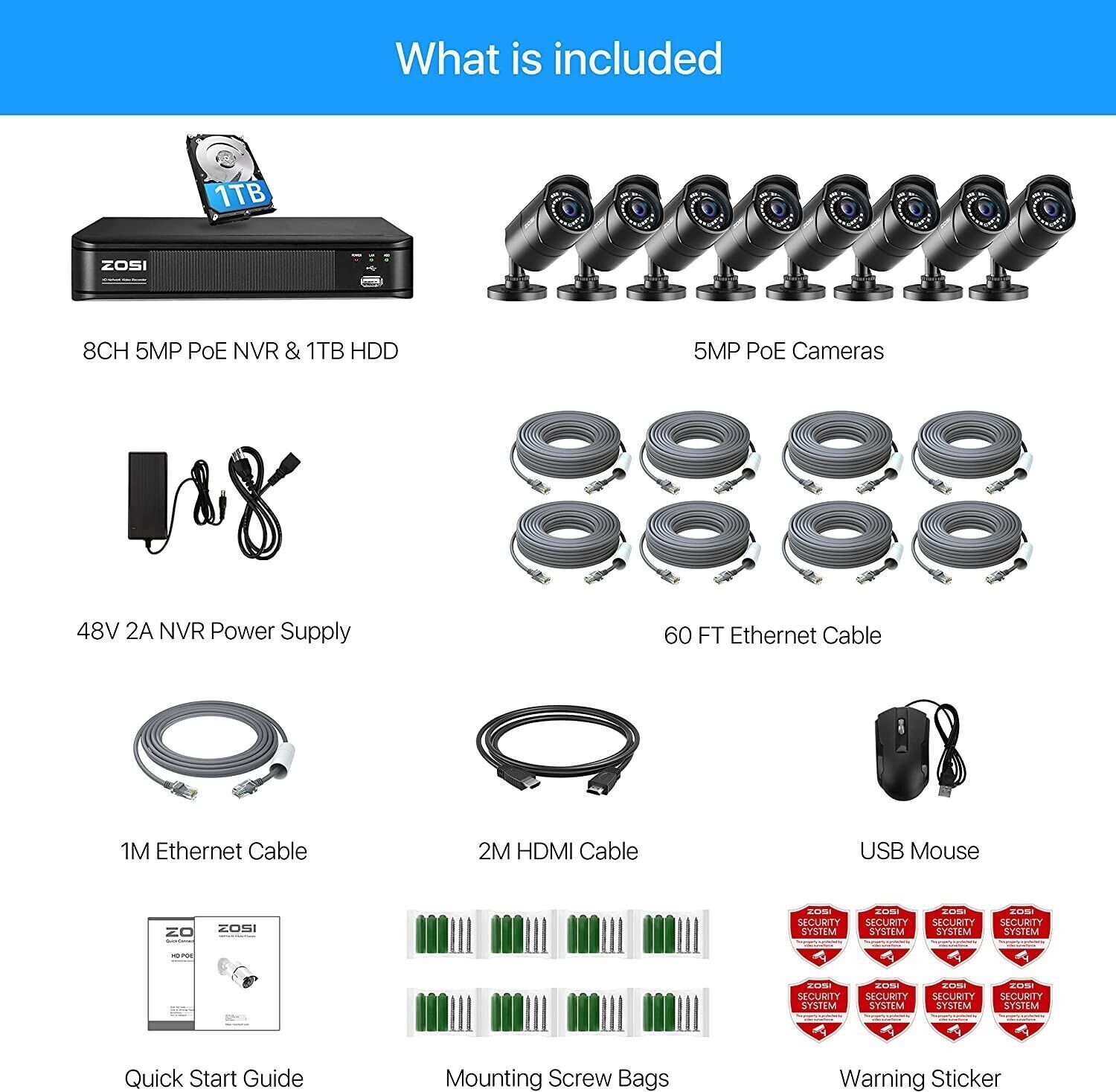ZOSI 16CH 4K H.265 5MP POE NVR security Camera System Wi-Fi Weatherproof Outdoor