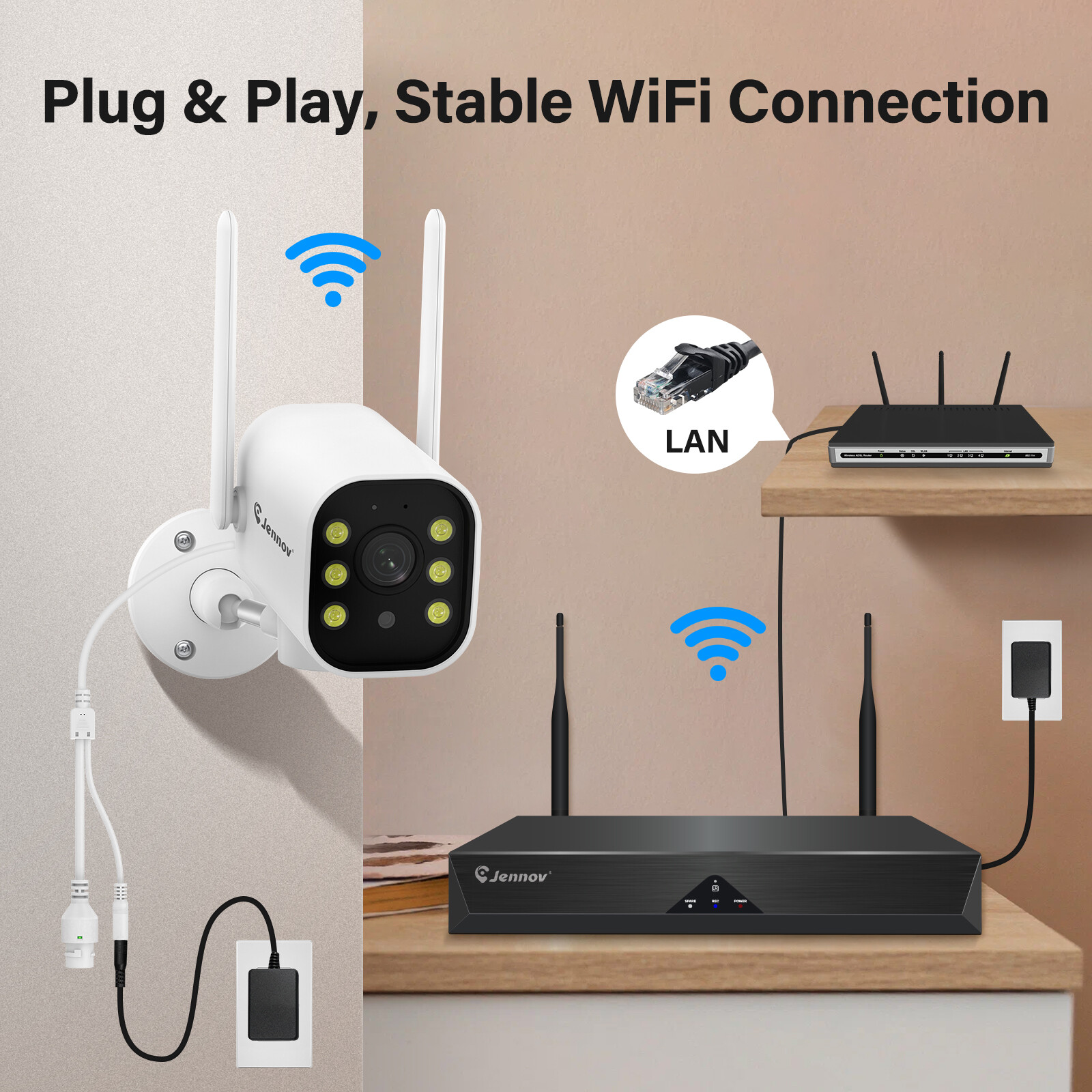 JENNOV 10CH NVR 5MP Wireless Security Camera System WiFi Outdoor IP 2 Way Audio