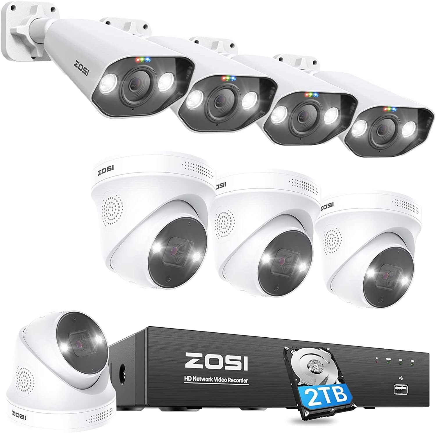 ZOSI 4K 8CH NVR 8MP IP POE Security Camera System AI Alerts Audio 2TB HDD IP66