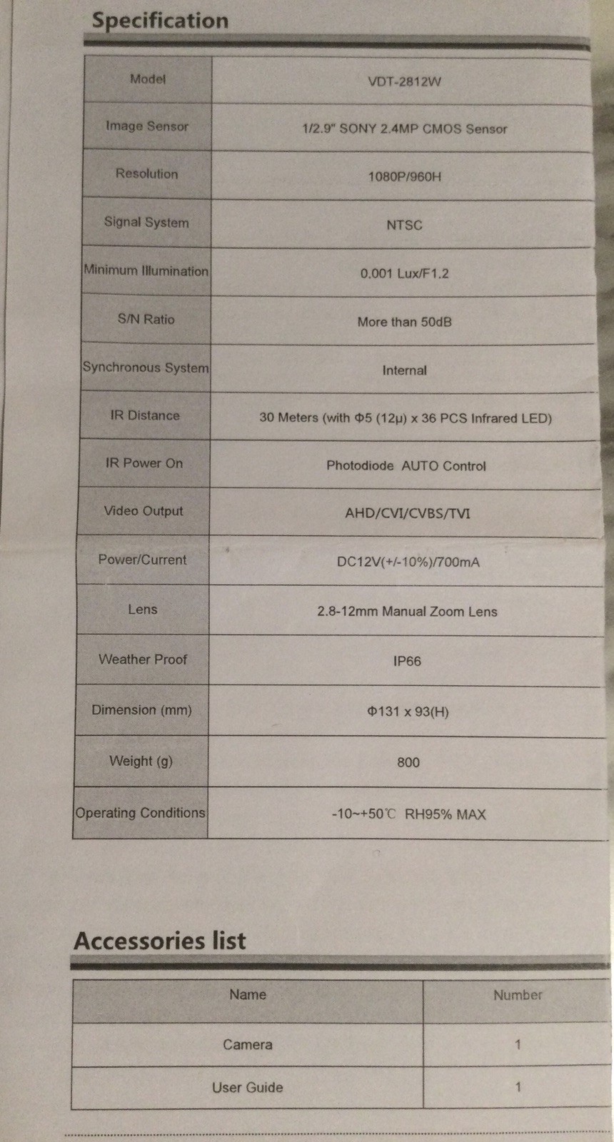 1080P Weatherproof CCTV IR HD Color Security Camera VDT-2812DR