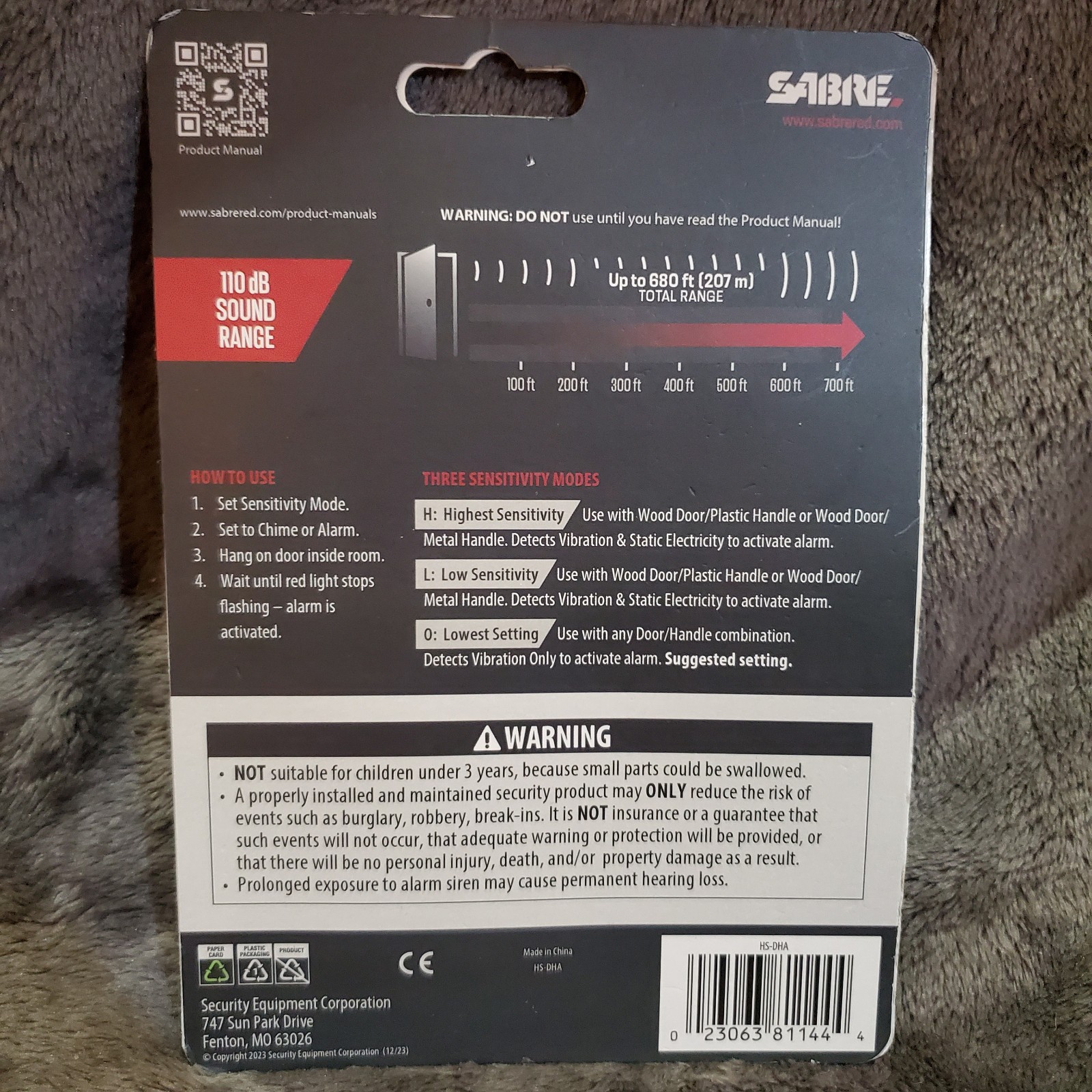 Sabre Door Handle Security Alarm With 2 Detection 3 Operating Modes 110db Sound