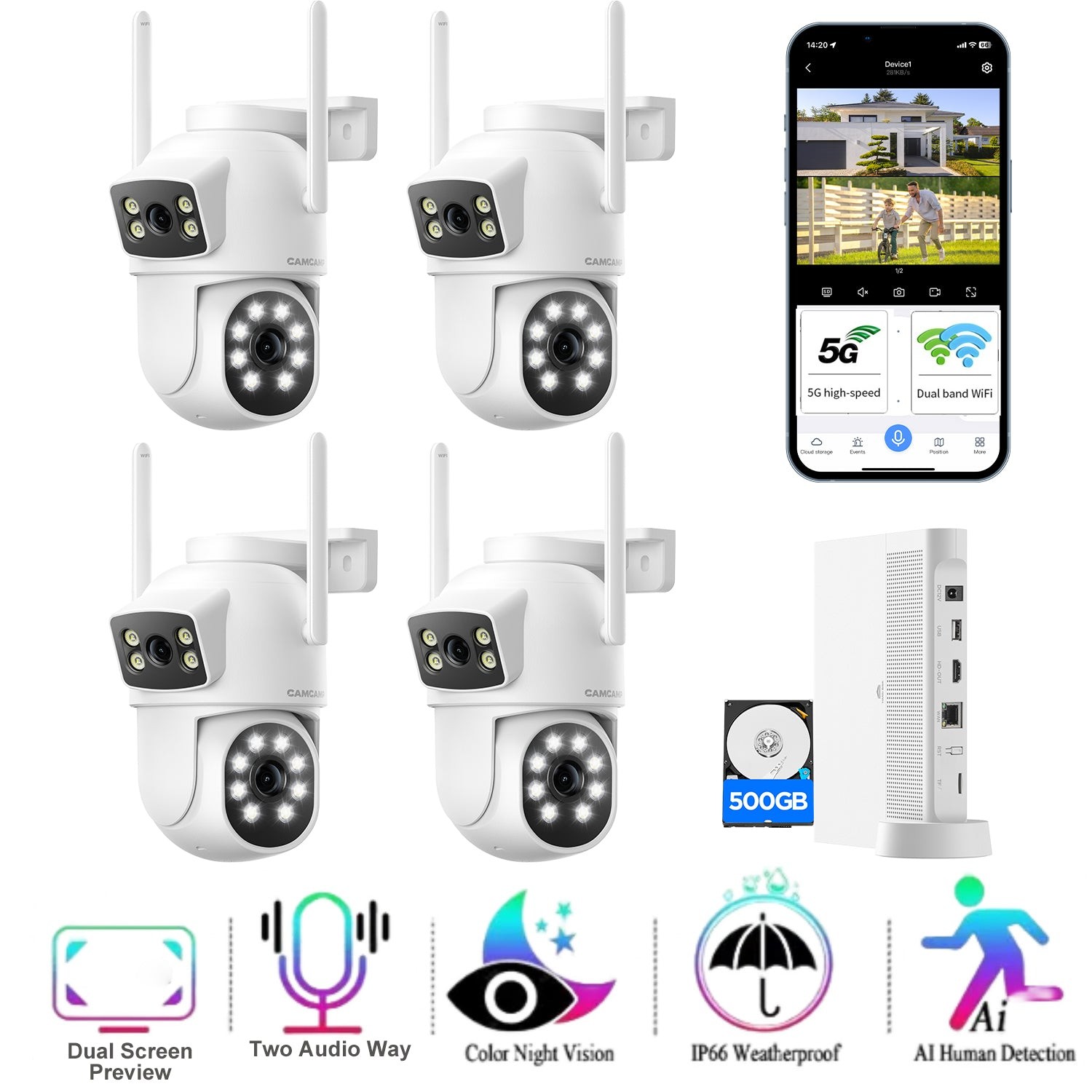 360° PTZ Wireless CCTV System 2-Way Audio IP Camera 10CH NVR Wifi Security 2-Len