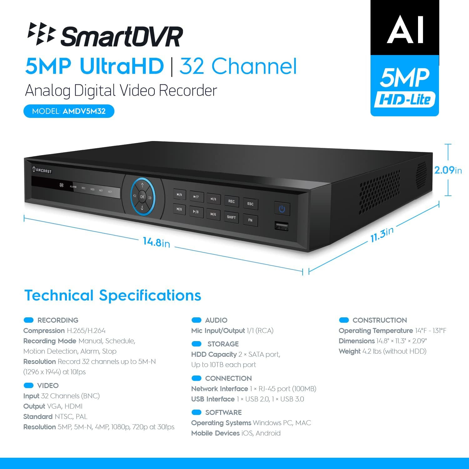 5MP Ultrahd 32 Channel DVR Security Camera System Recorder, 5MP Security DVR for
