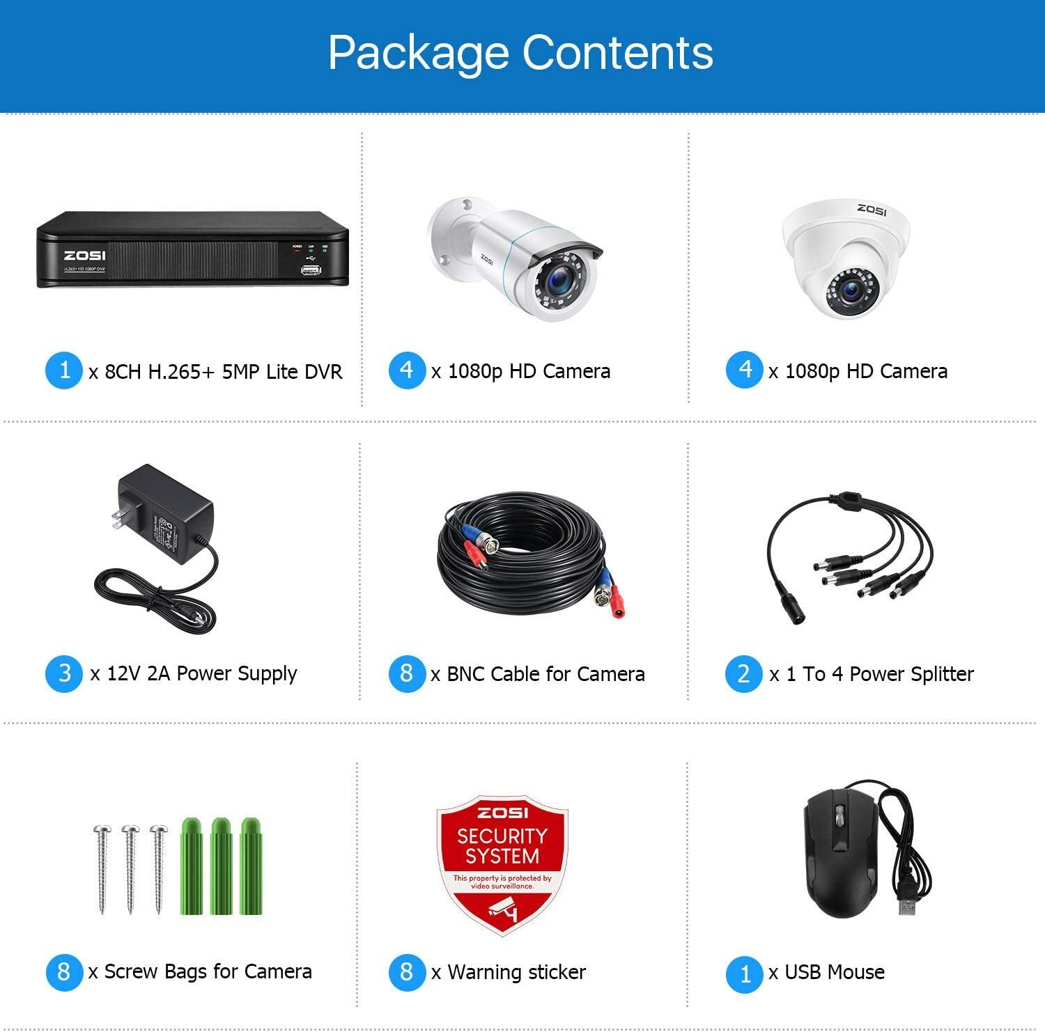 ZOSI H.265+ 5MP Lite 8CH DVR 1080p HD Outdoor IR HomeSecurity Camera System Kit