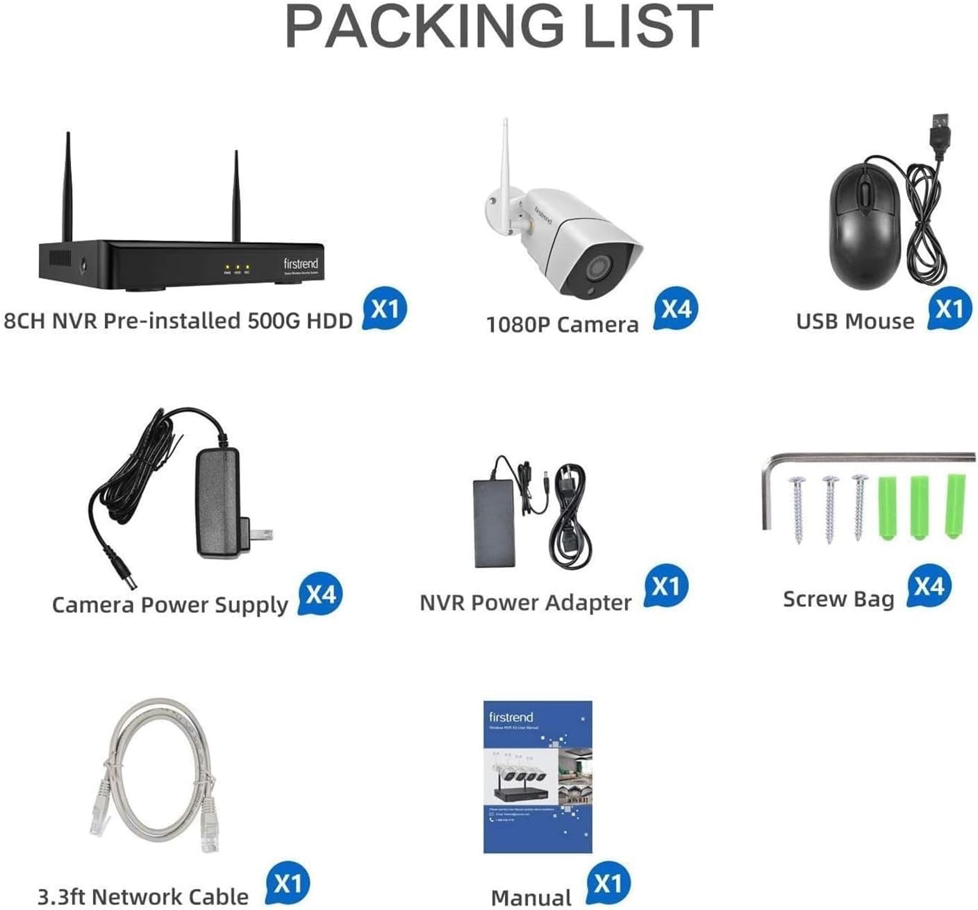 FIRSTREND WiFi Home Security Camera System 8CH NVR with 4x 1080P Camera 500G HDD