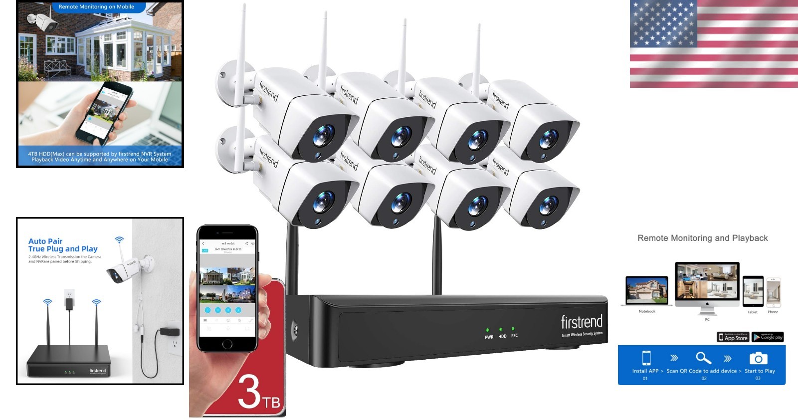 Advanced 1080P Wireless Security System: 8 Cameras & 3TB Pre-Installed HDD