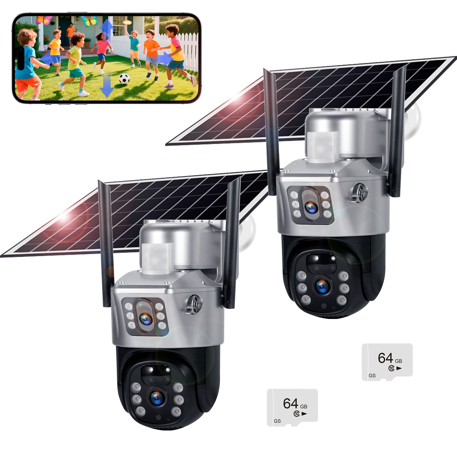 2 Pack Wireless Solar Security Camera 4MP Dual Lens Outdoor Cam 64GB SD Card