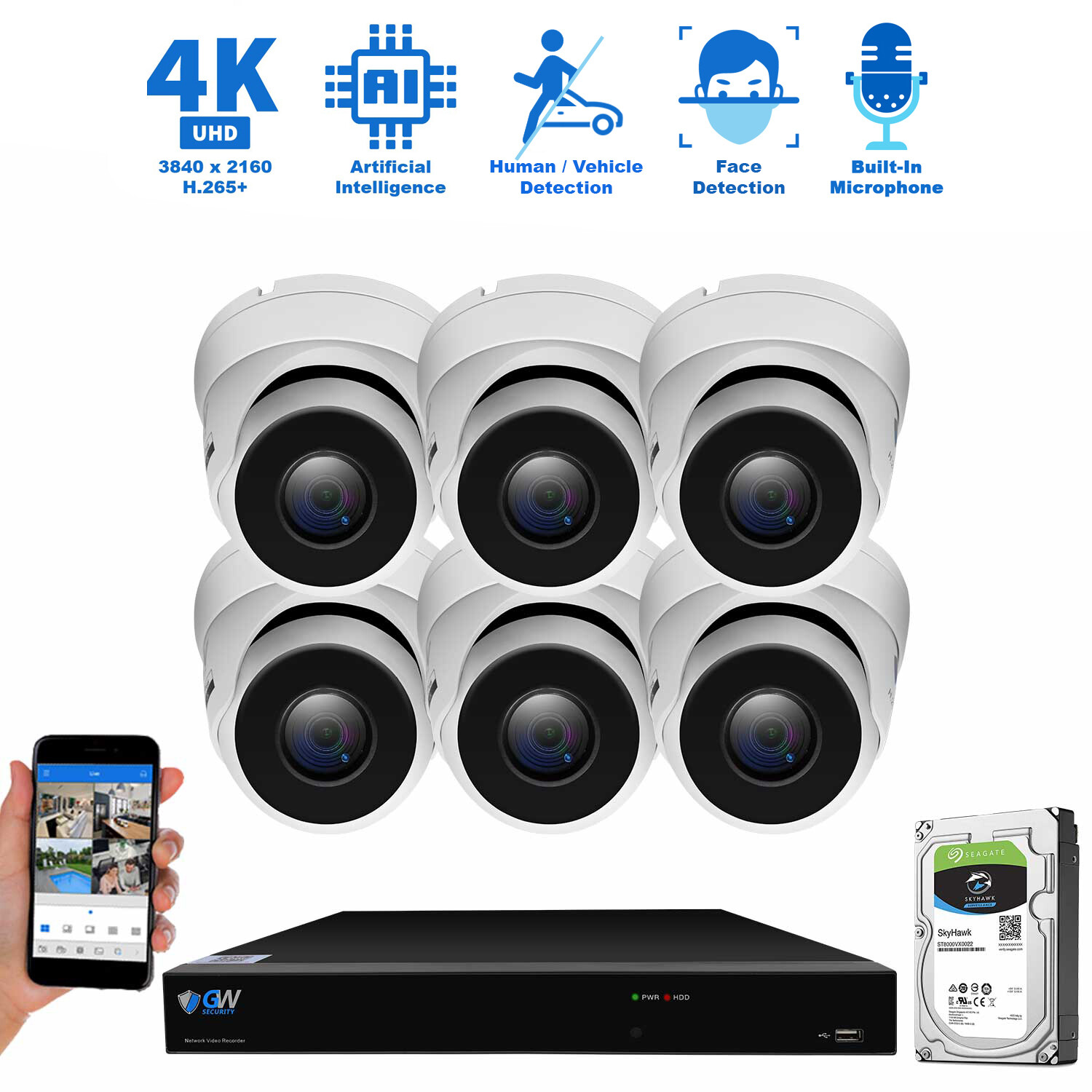 8 Channel NVR 6 X 4K 8MP Outdoor Indoor Microphone Turret Security Camera System