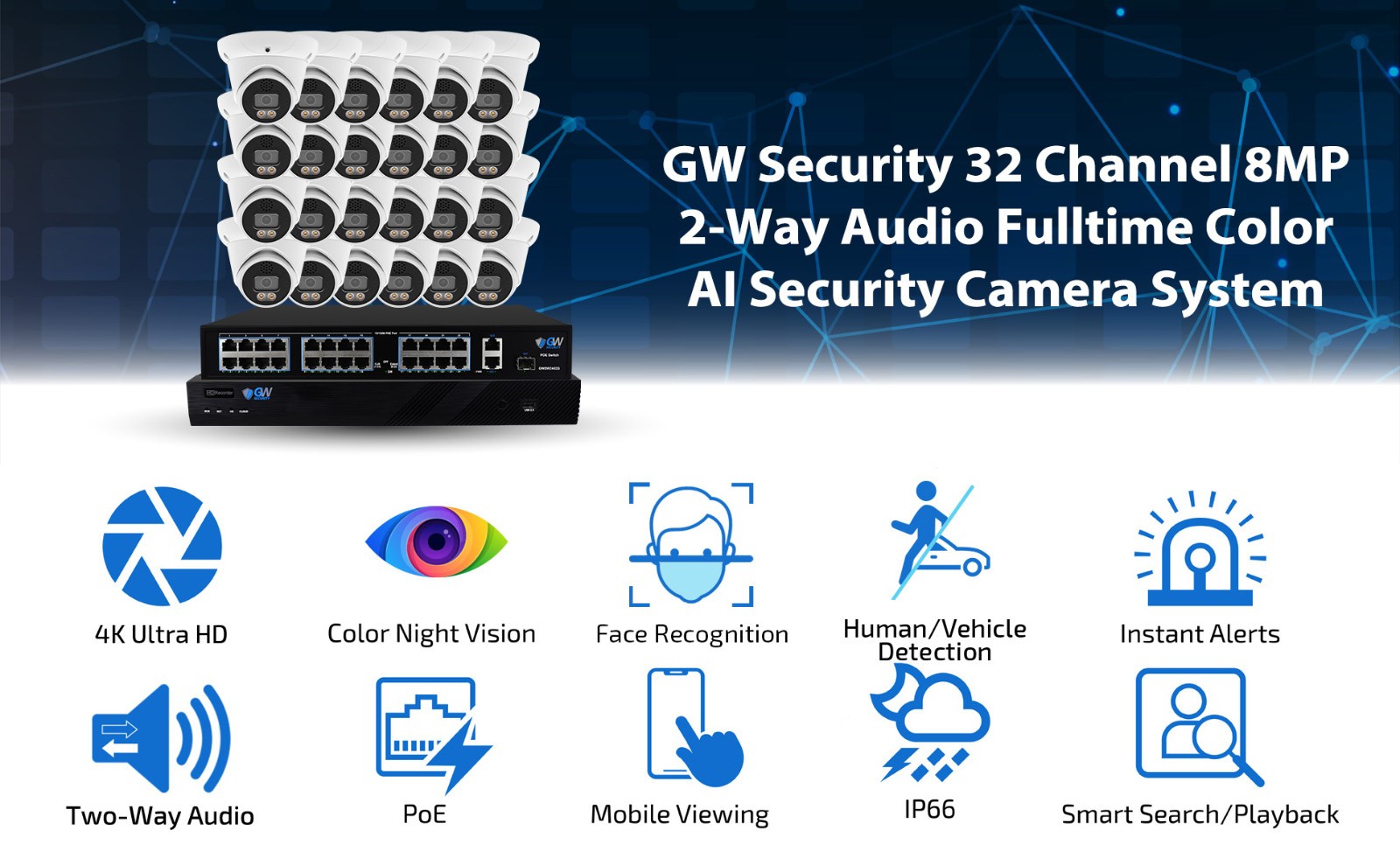 32 Channel NVR 24 X 8MP 4K 2-Way Audio Full Color Turret Security Camera System