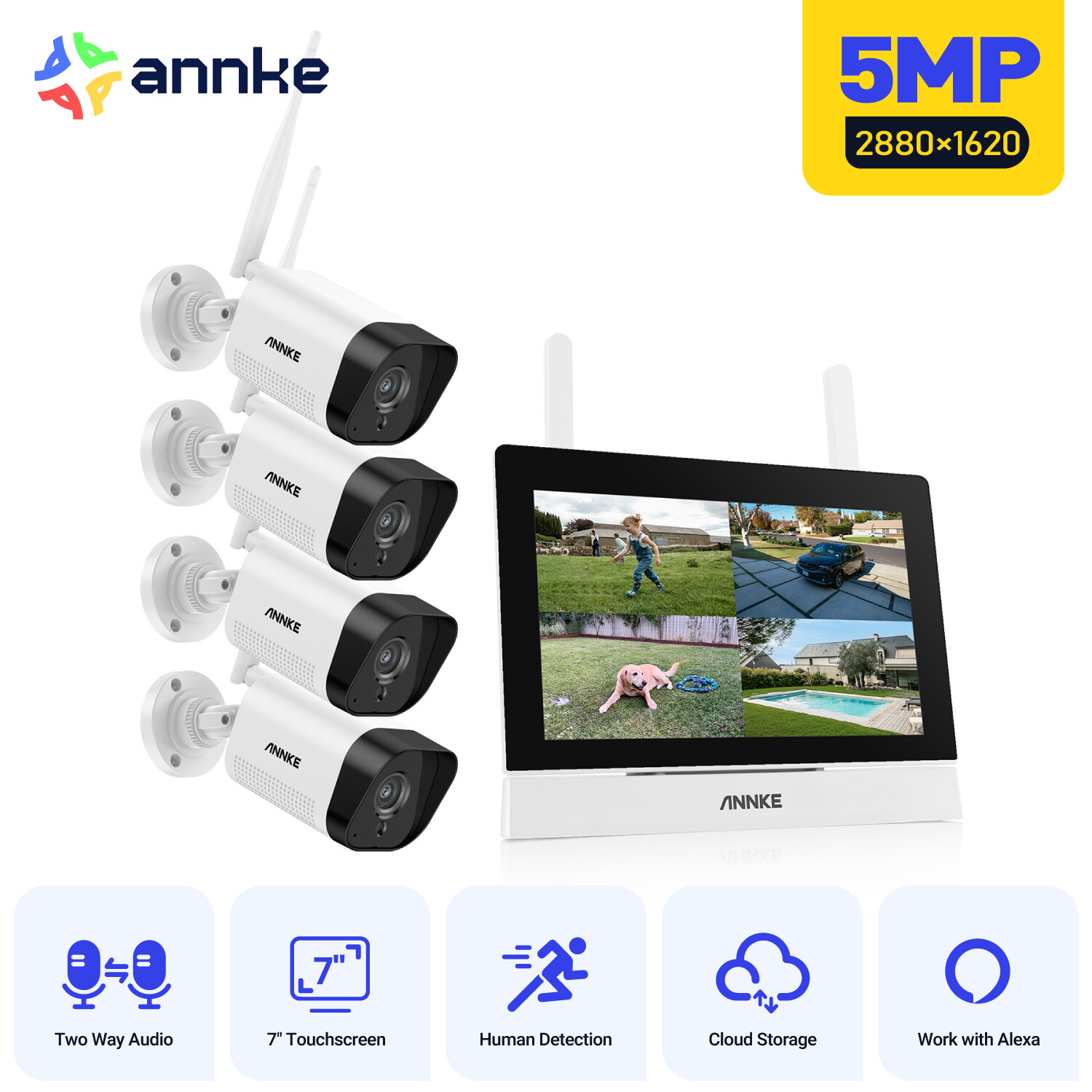 ANNKE 5MP Wireless CCTV AI Security Camera System 4CH 7″ Monitor Two Way Audio