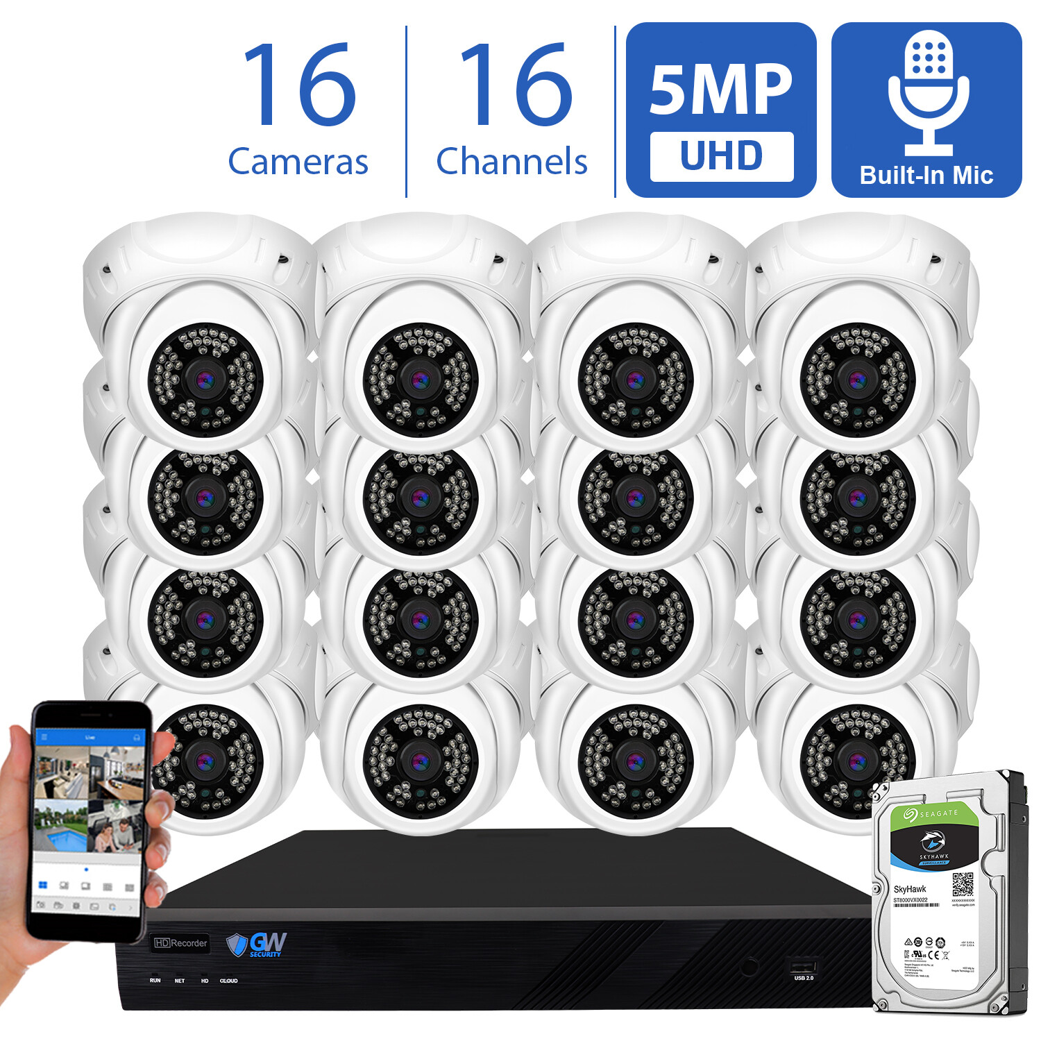 16 Channel 8MP 4K NVR 16 X 5MP 1920P PoE Microphone Security Camera System 2TB