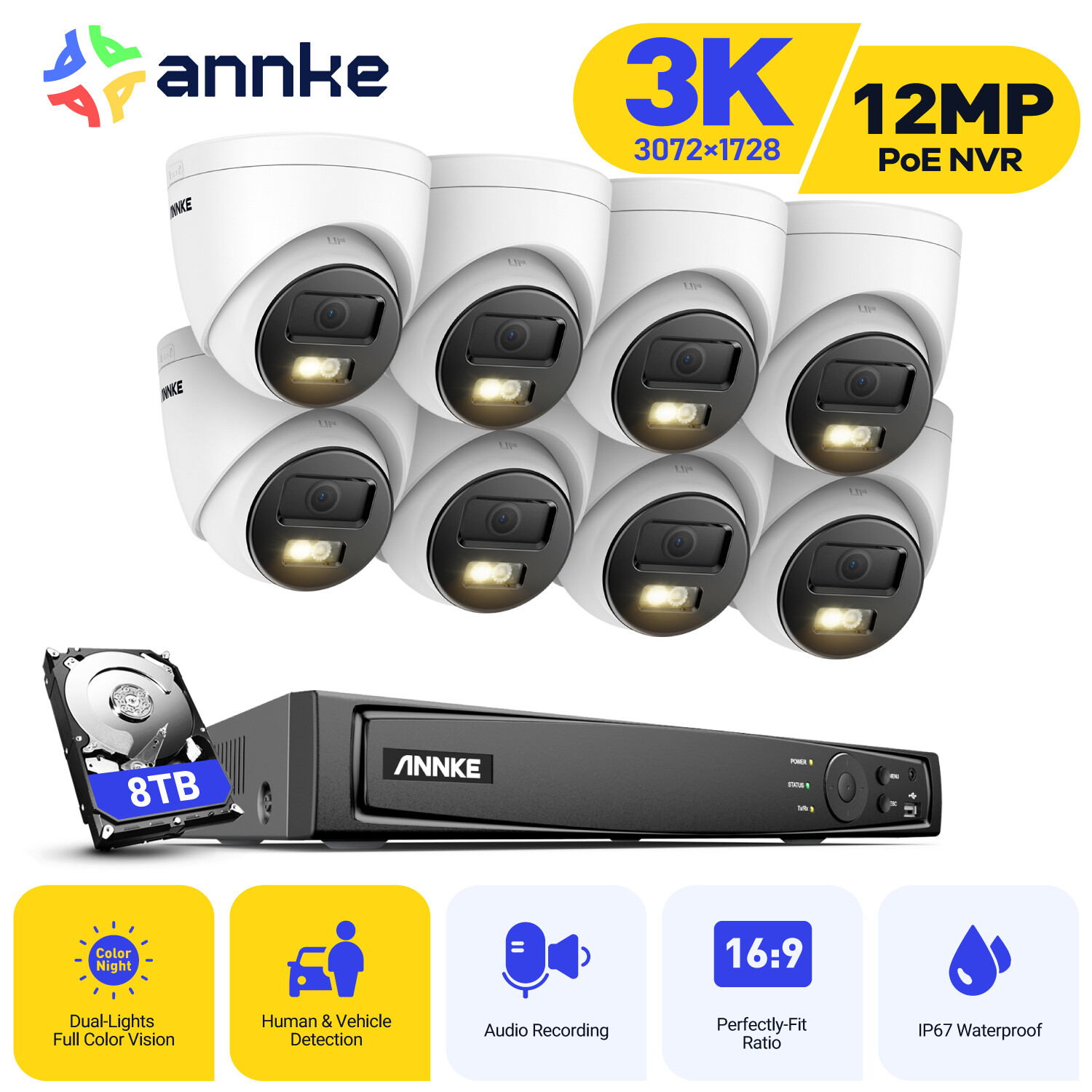 ANNKE 12MP 8CH PoE NVR 5MP Audio Security IP Camera System AI Color Night H.265+