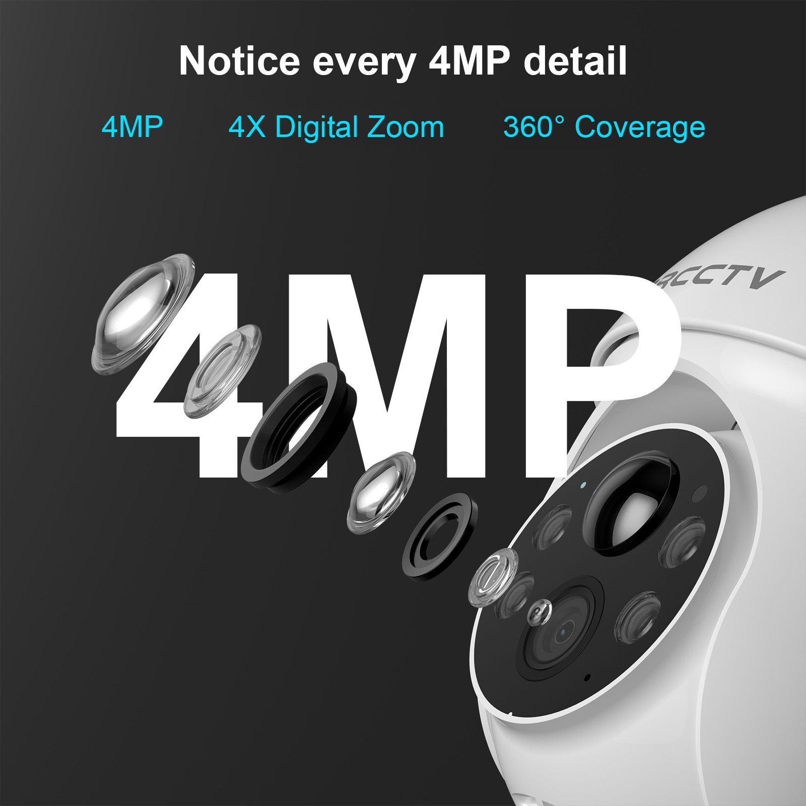 ARCCTV Outdoor 4MP Solar Security Camera 360° PTZ WiFi Battery Smart Home IP66