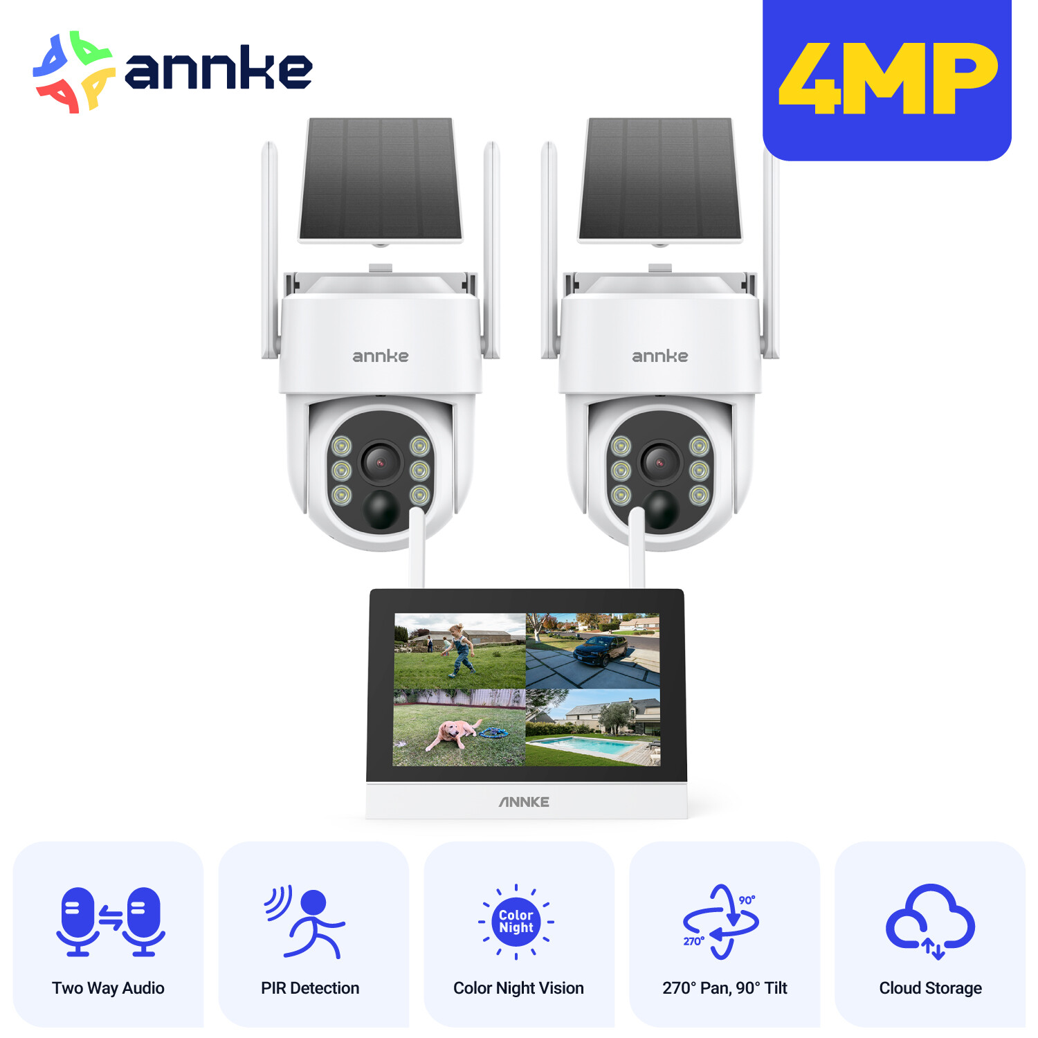 ANNKE 4MP PT Security Camera System Solar Powered Wireless Outdoor W/ 7″ Monitor